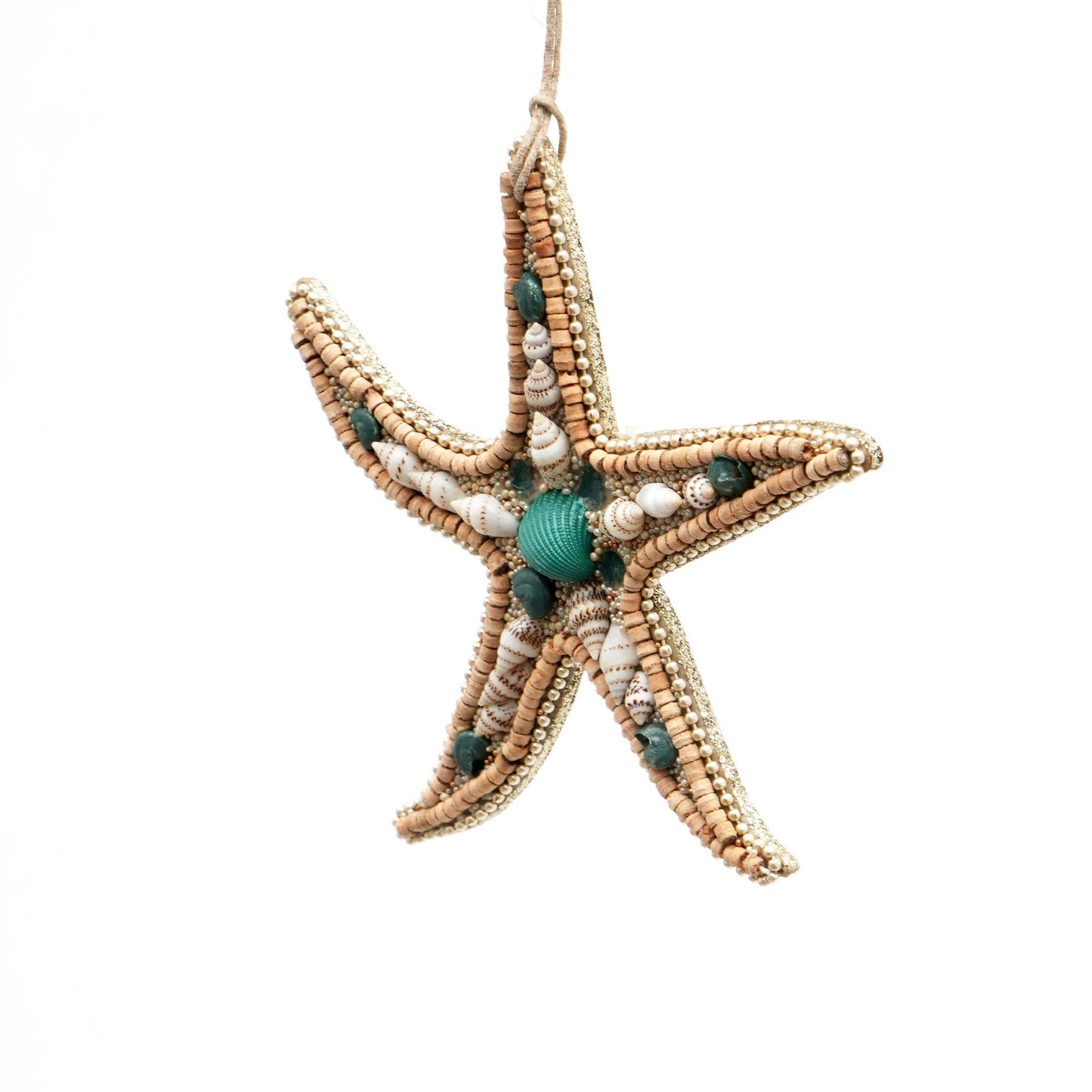 Wooden & Shell  Beaded Star Fish Ornament, Set of 6