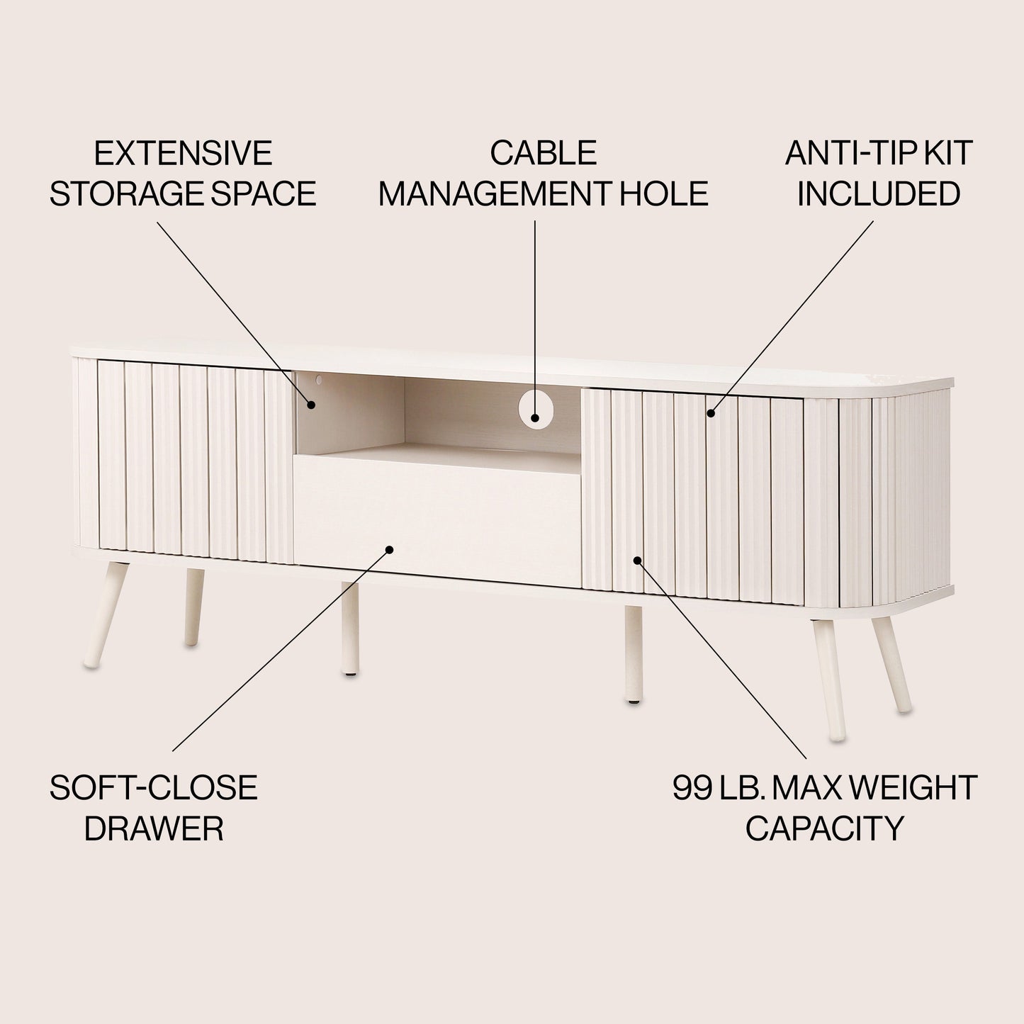 Damien Farmhouse Curved TV Stand with Drawer and Storage Doors Fits TVs up to 75 in. with Cable Management
