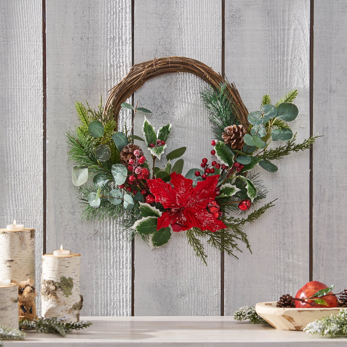 Ulwen 23.5-inch Poinsettia/Berry/Eucalyptus Half Wreath