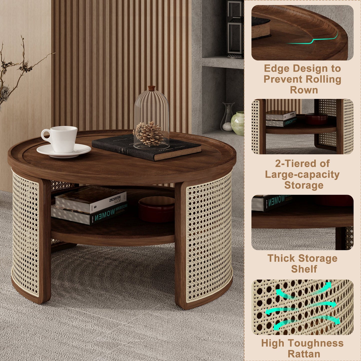 Wintered 2-Tiered Coffee Table with Rattan Base and Curved Edge Design