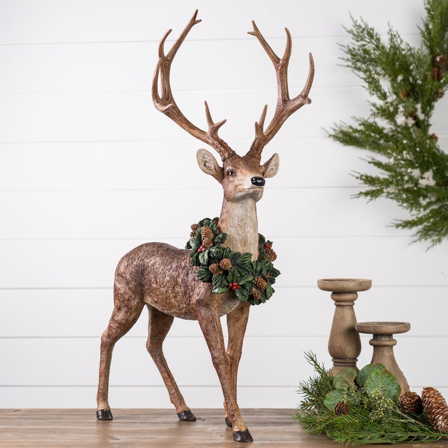 Holiday Standing Deer Figurine with Wreath Accent, Set of 2