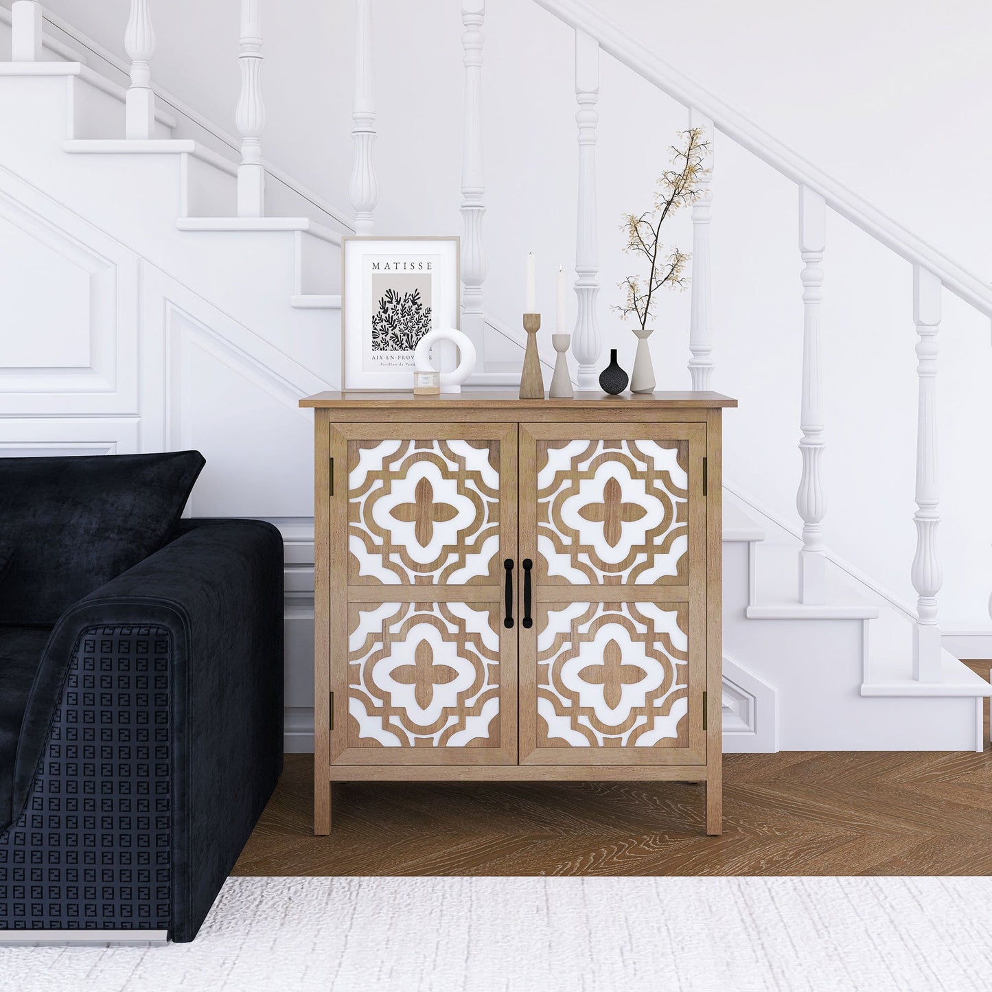 Hand-Carved 2 Doors Accent Cabinet with Shelves and Metal Handle