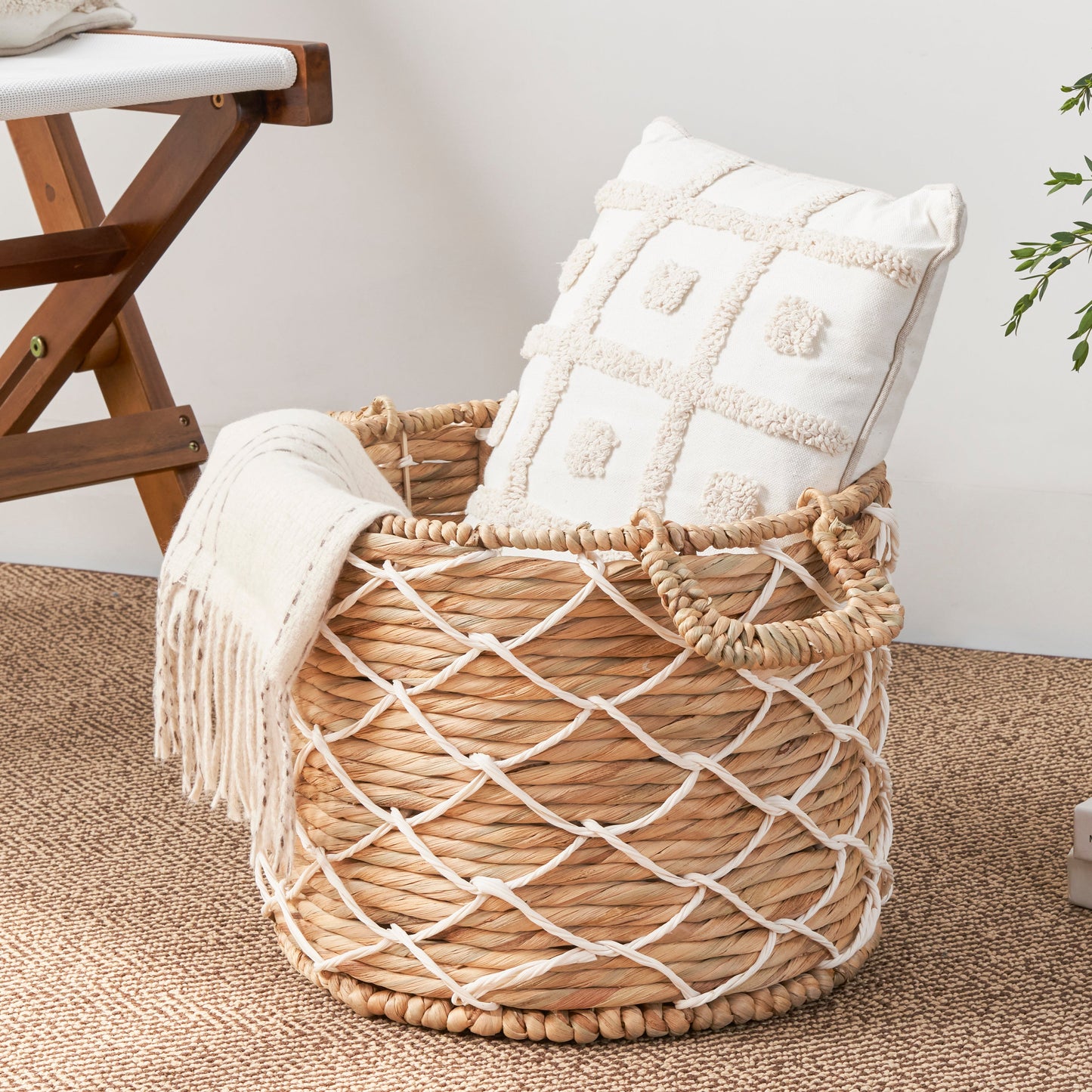 Storage Basket with Handles and Twisted Weave Pattern