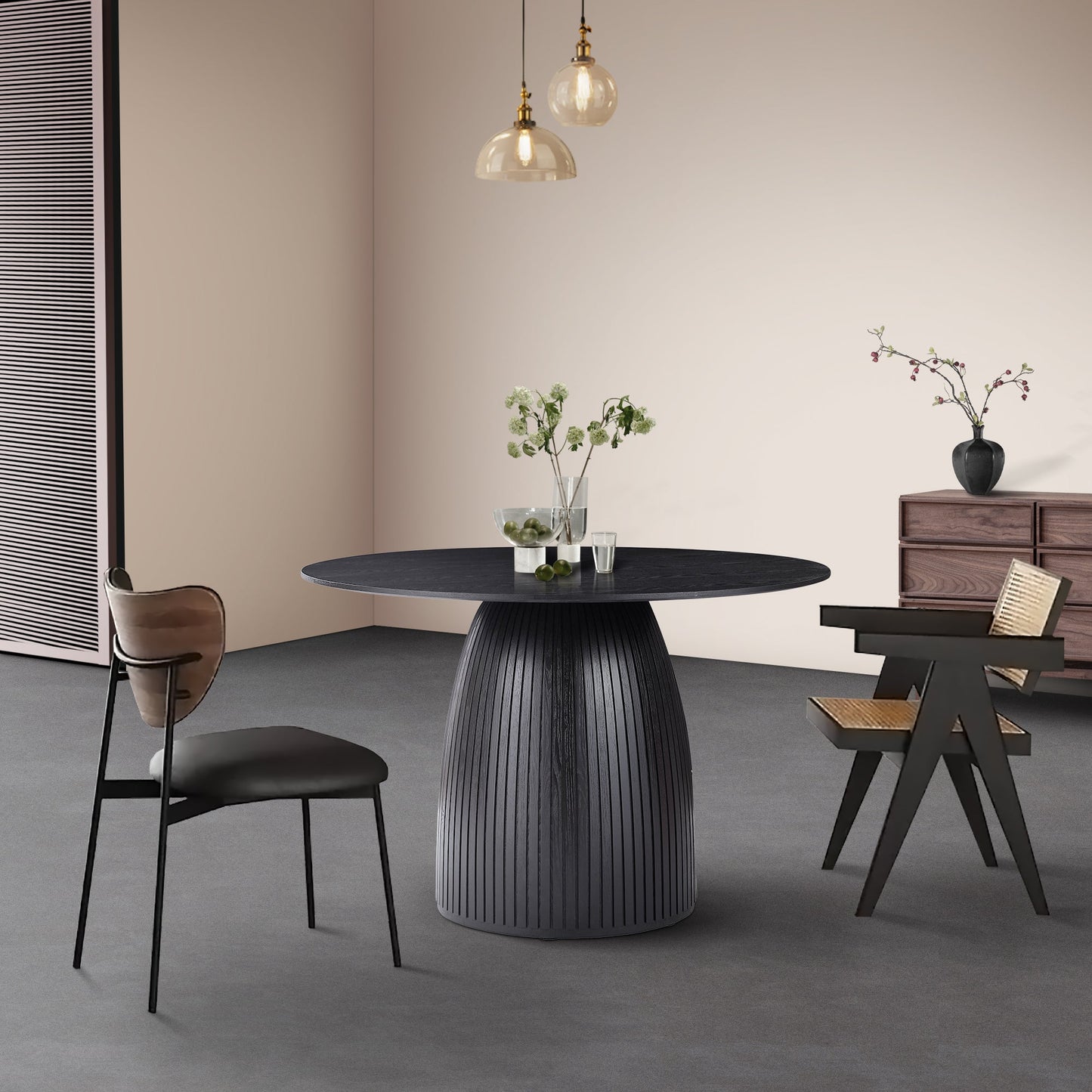 47.24" Round Dining Table with Wood Frame and Wave Pattern Base