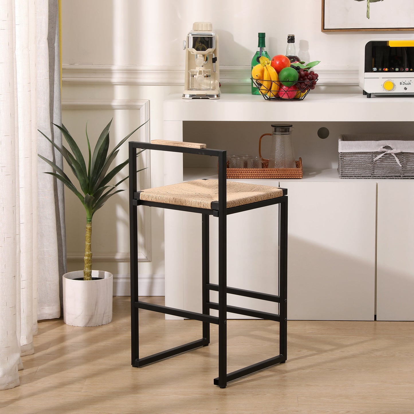 Rope Woven Bar Stool with Low Back and Metal Base, Set of 2
