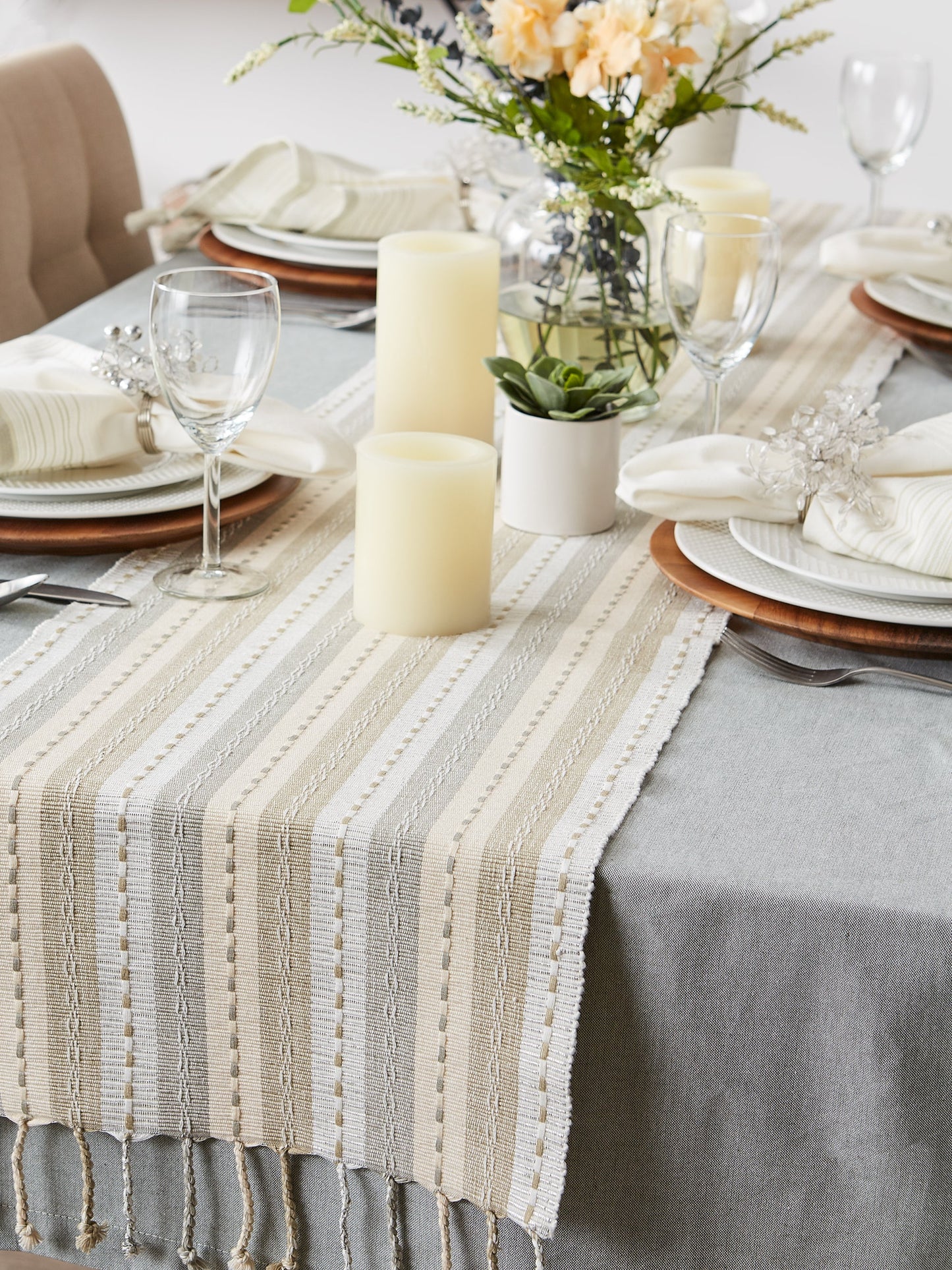 Natural Tonal Stripe With Fringe Table Runner 14X72