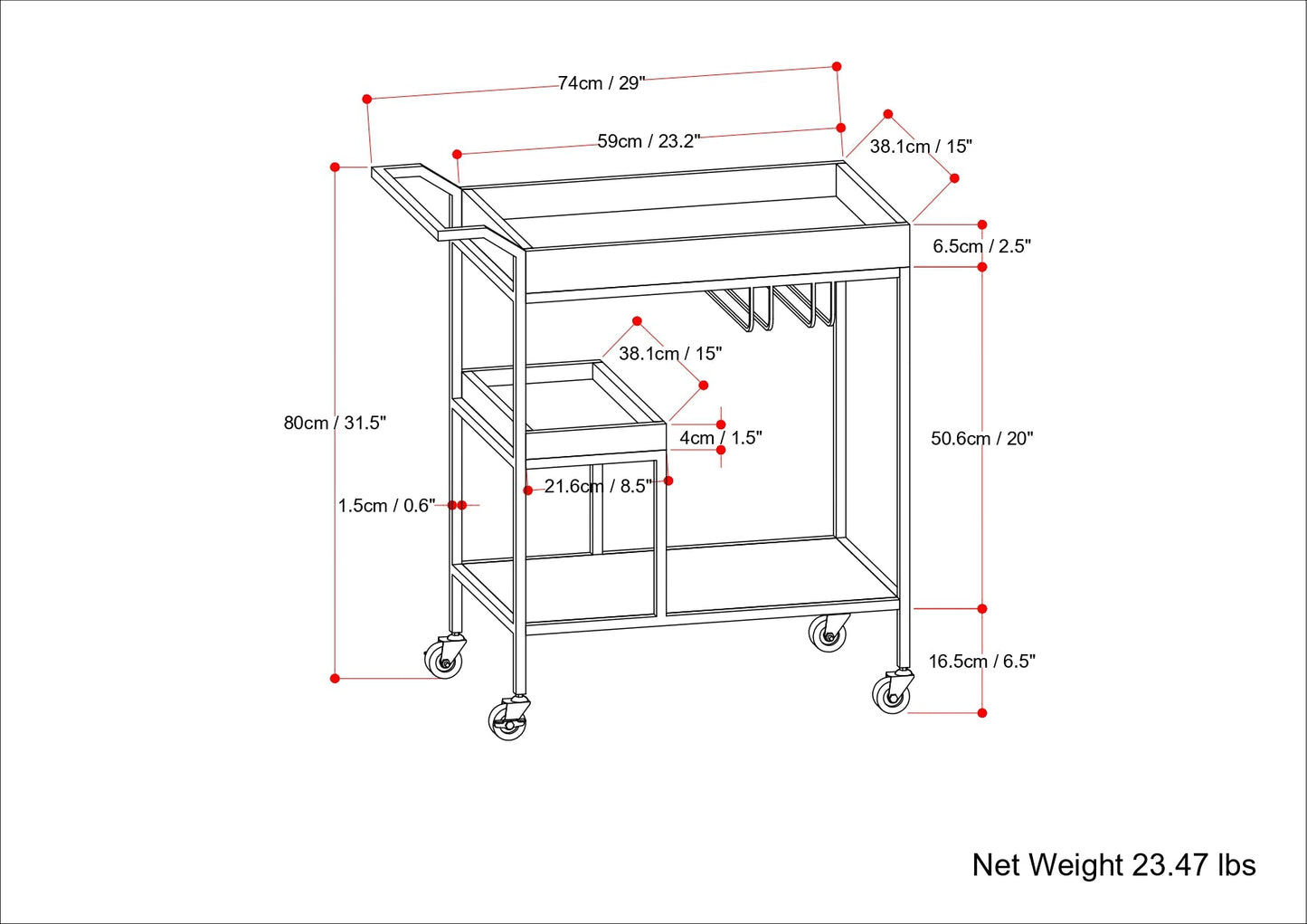 29" Bar Cart with Tray Top and Caster Wheels