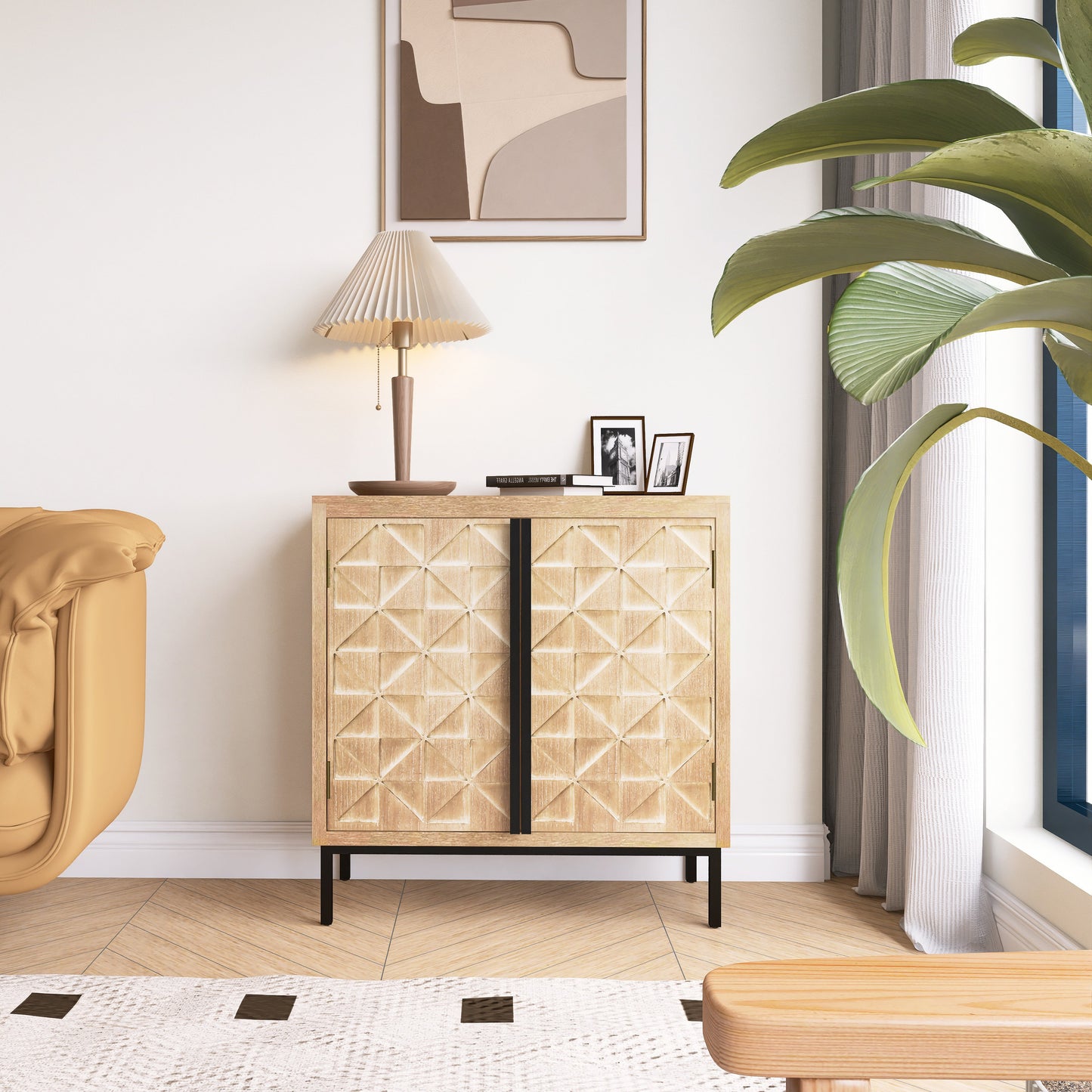 Hand-Carved 2 Doors Accent Cabinet with Shelves and Wood Legs