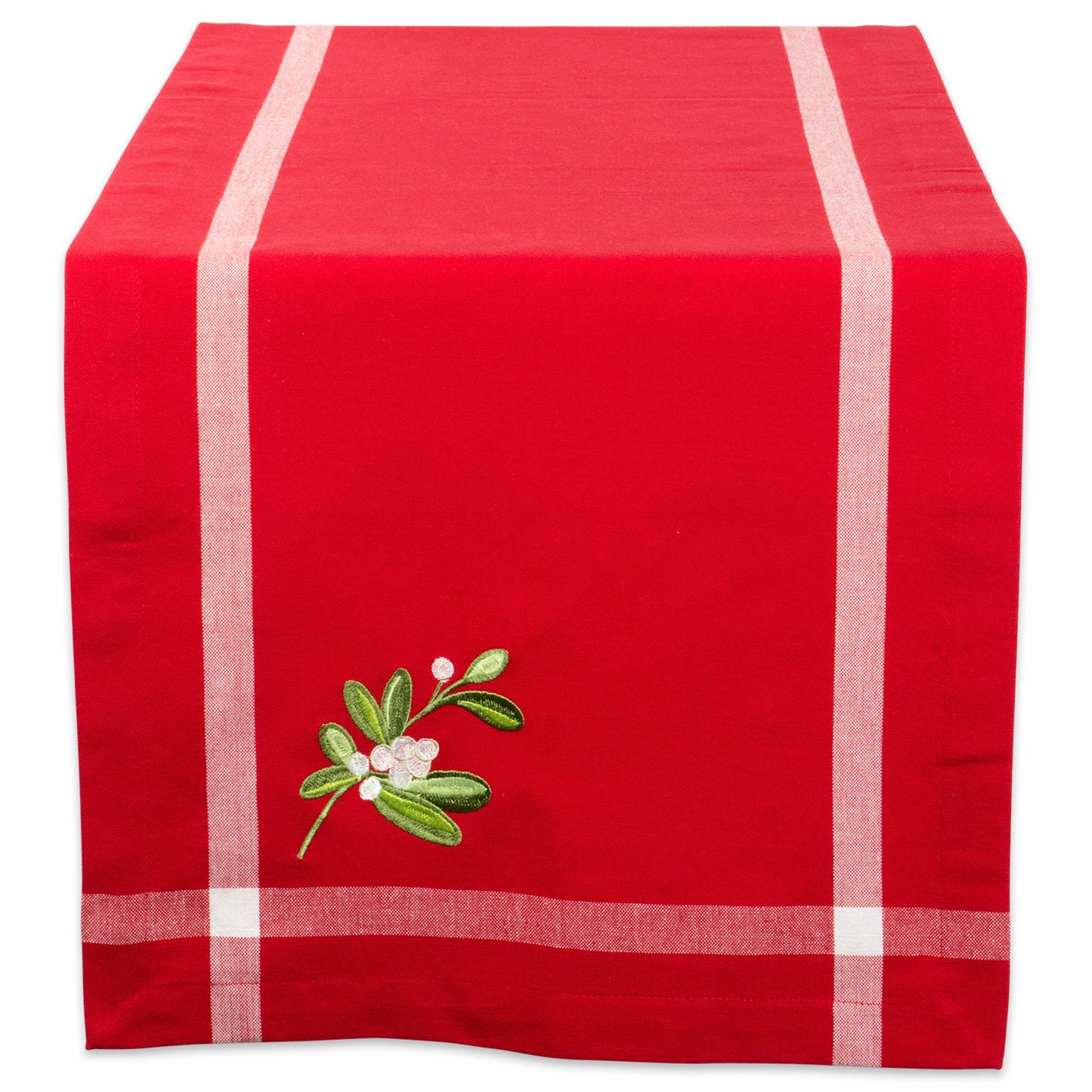Red Embroidered Mistletoe Corner With Border Table Runner 14X72