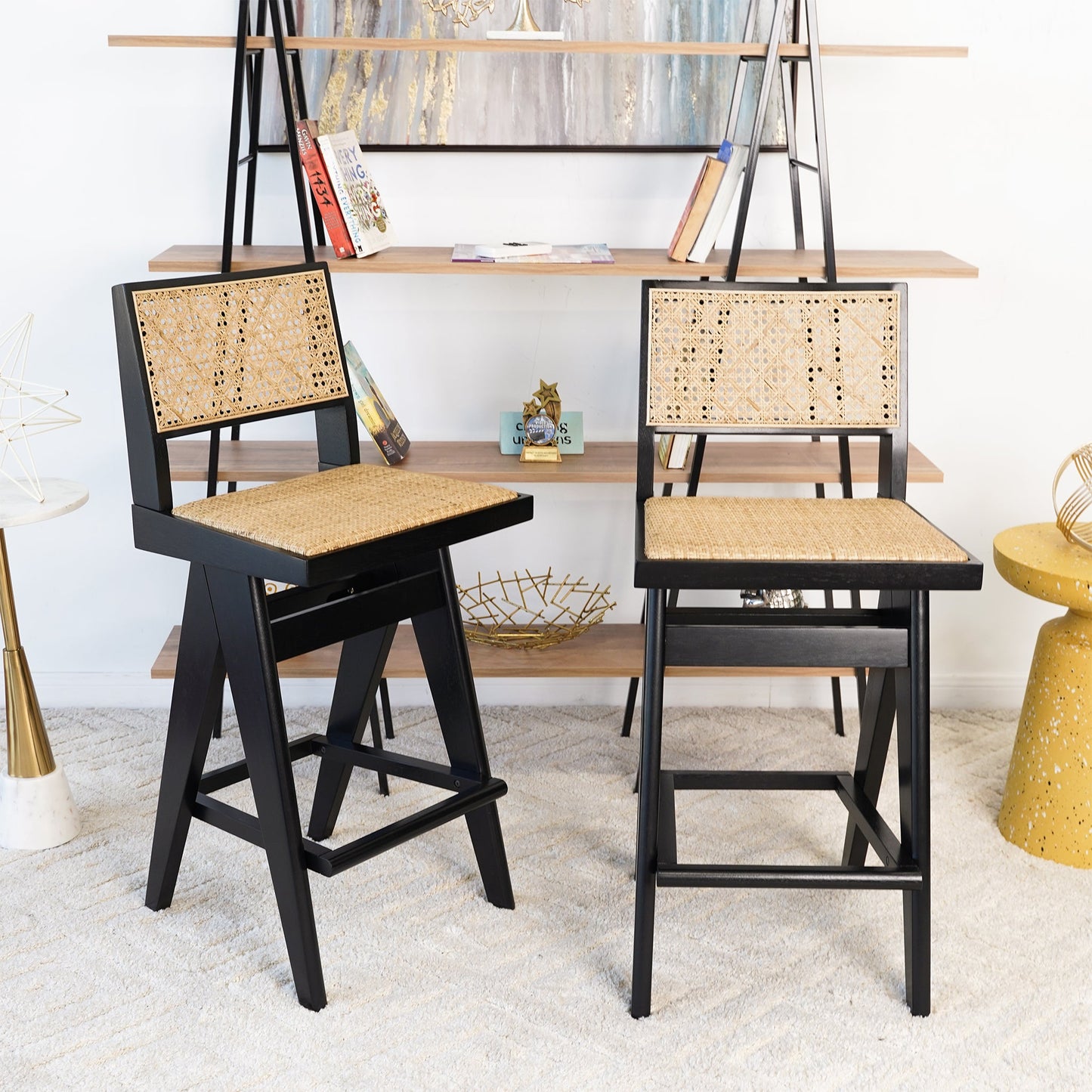 Rattan Bar Stool with Footrest and Open Back Design, Set of 2