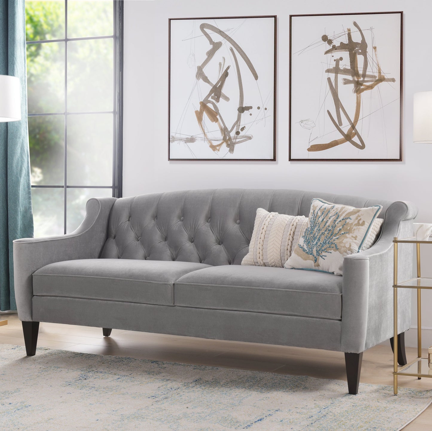 Button Tufted Upholstered Sofa with Sloped Arms