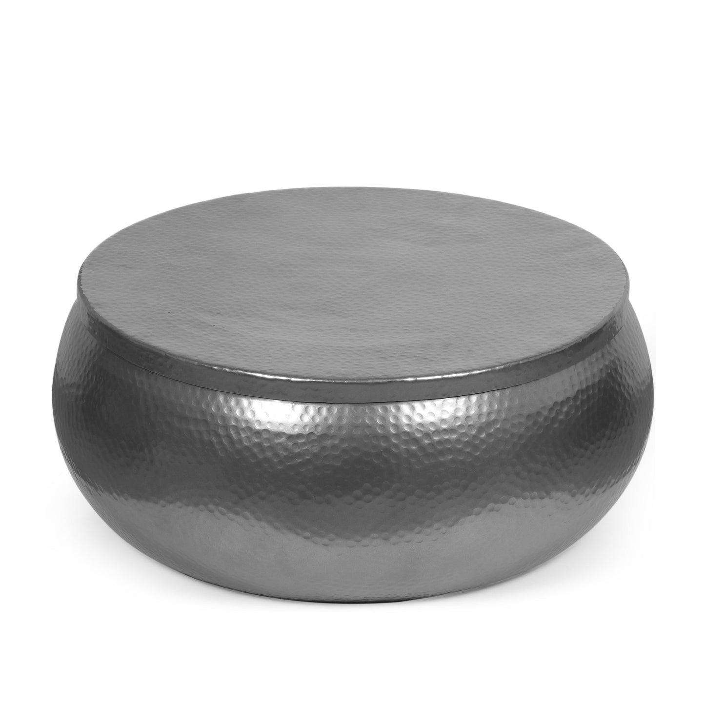 Aluminum Drum Coffee Table with Hammered Metal Pattern