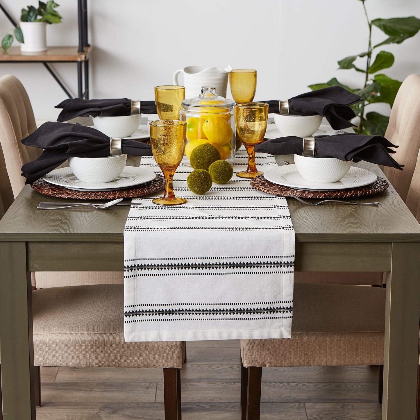 Black Zig Dobby Stripe Table Runner 14X72