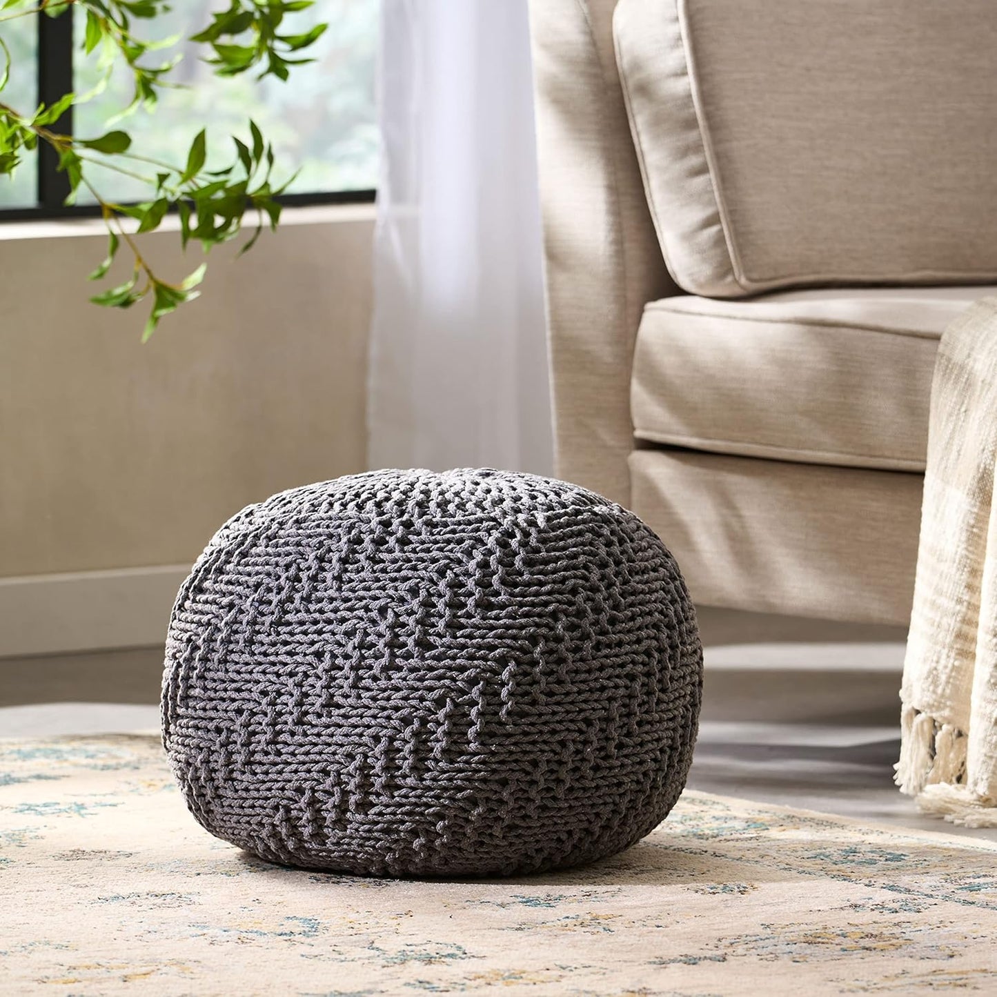 Claritys Round Pouf with Knit Weave Design