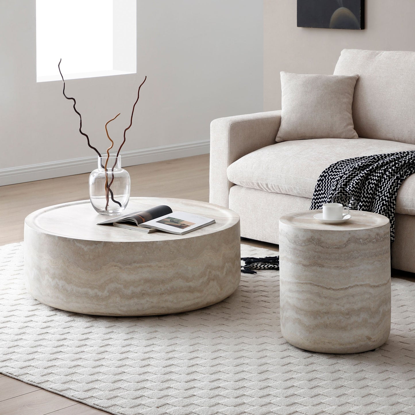Willowed Faux Travertine Textured Circle Coffee Table
