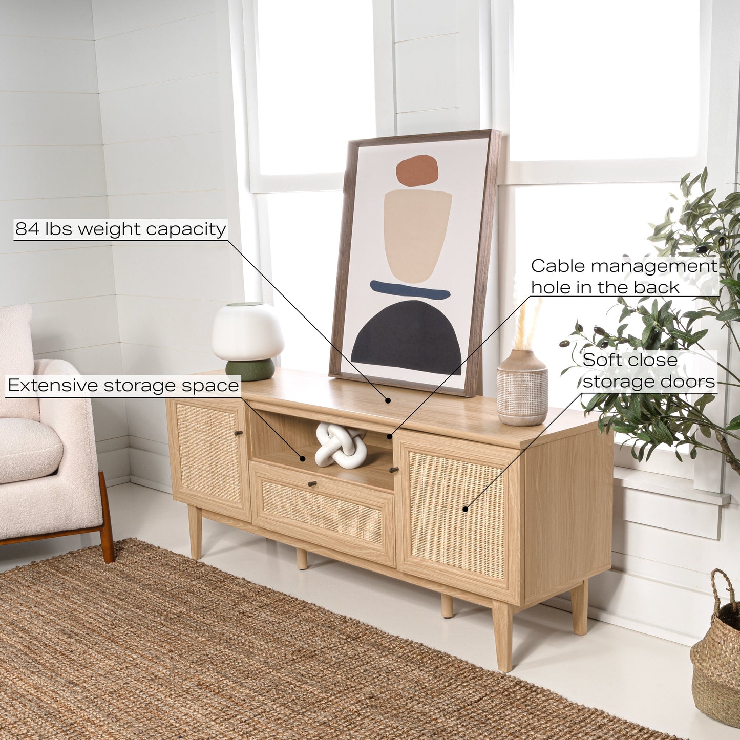 Caned TV Stand, Drawer, Storage Doors Fits TVs up to 65", Cable Management