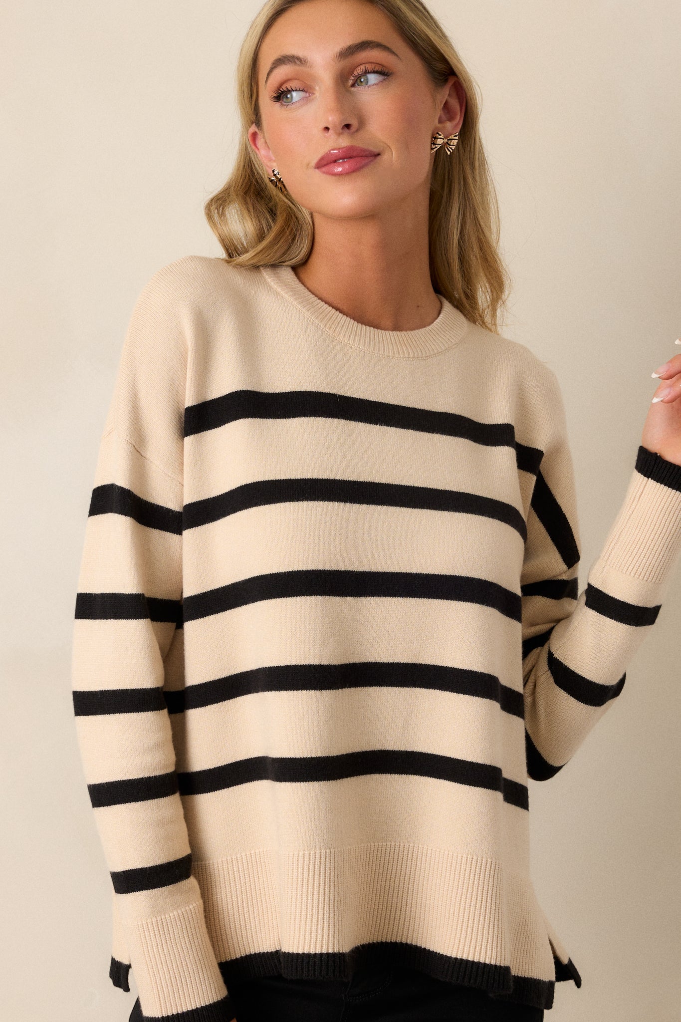 Time to Unwind Beige Stripe Knit Sweater