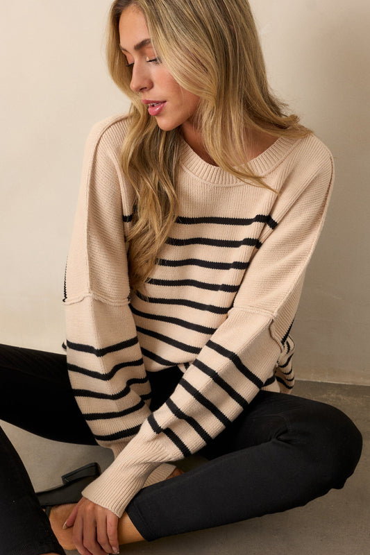 Whispering Woods Beige Stripe Knit Sweater
