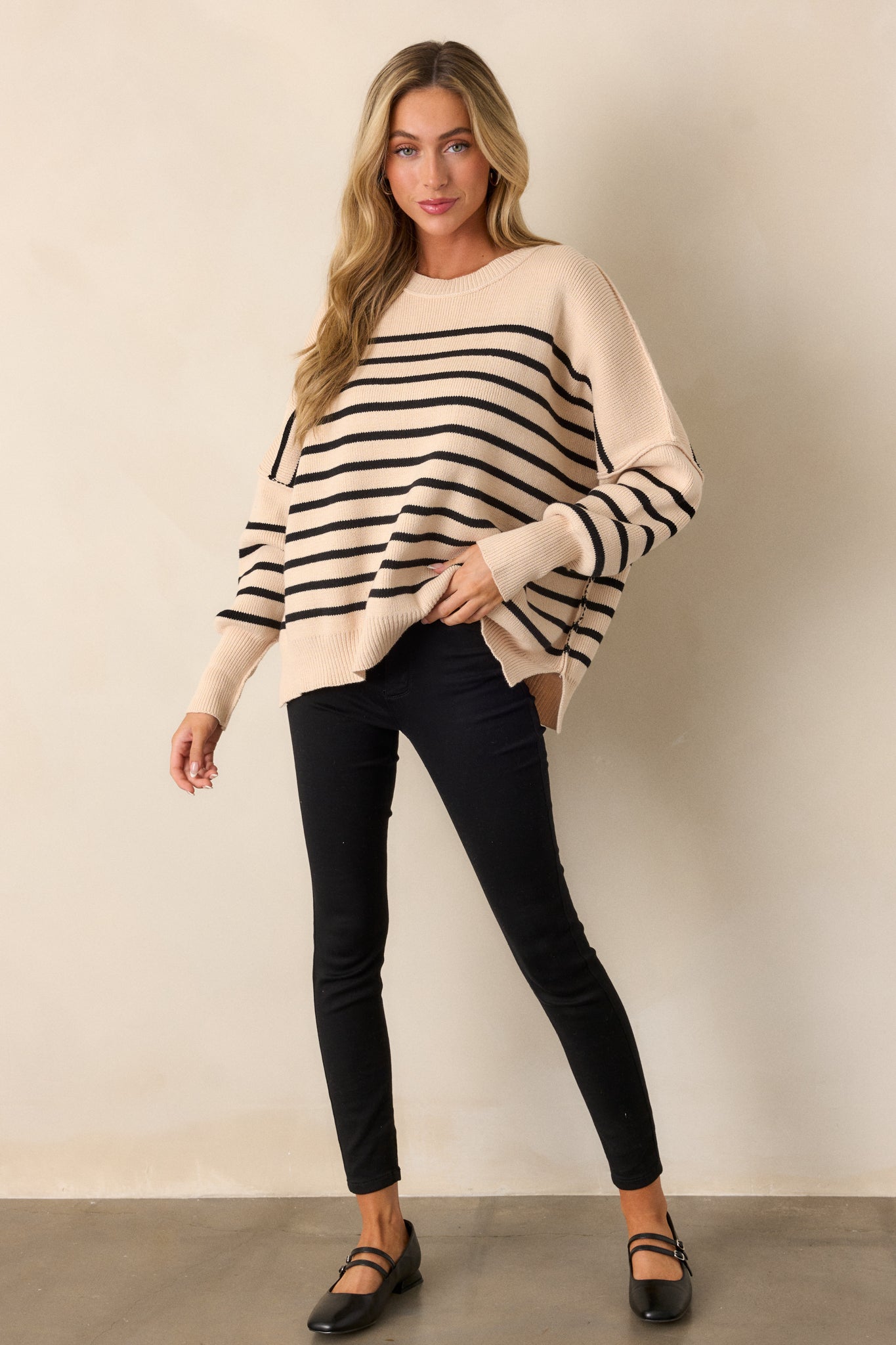 Whispering Woods Beige Stripe Knit Sweater