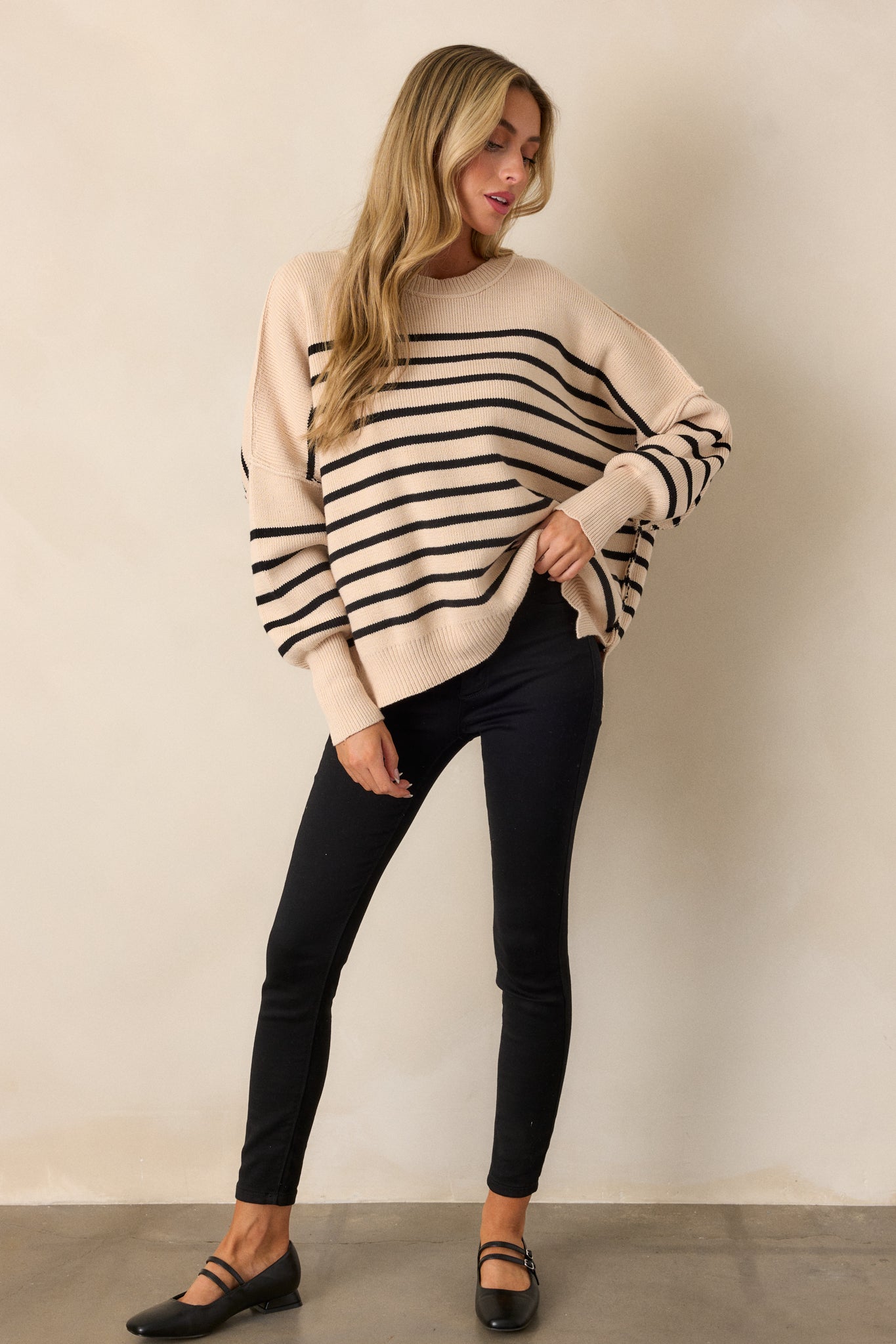 Whispering Woods Beige Stripe Knit Sweater