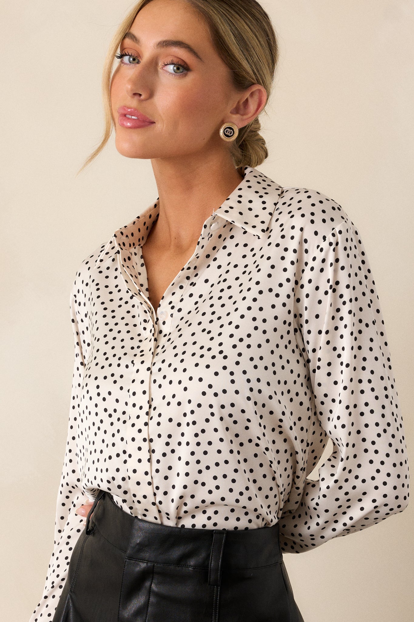 Lush Linen Ivory Polka Dot Button Front Top