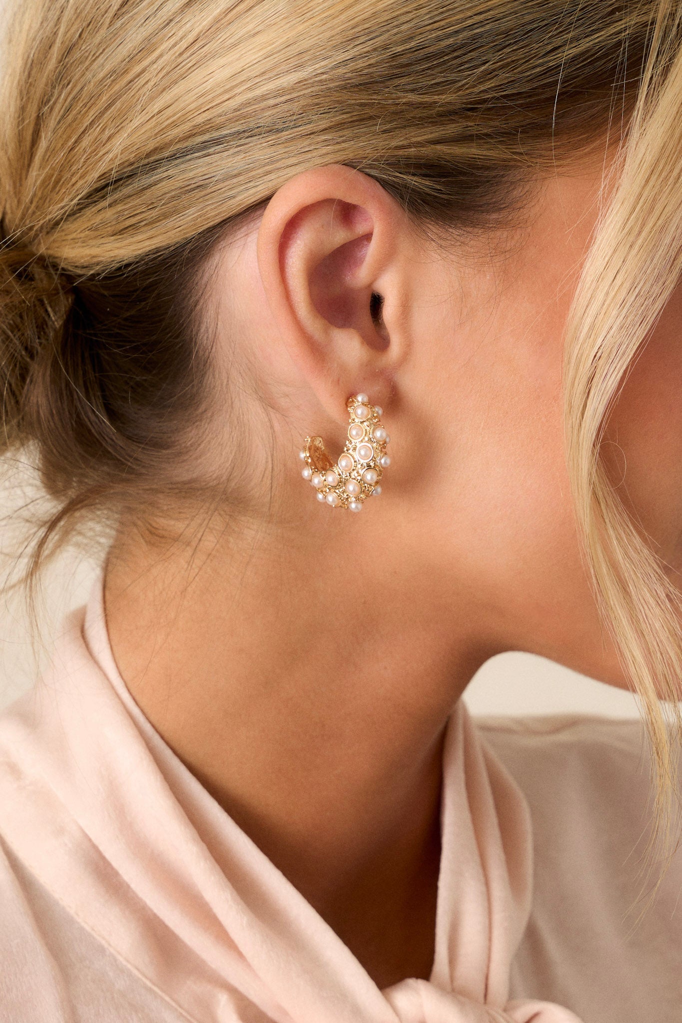 Waiting For Tomorrow Gold Textured Pearl Hoop Earrings
