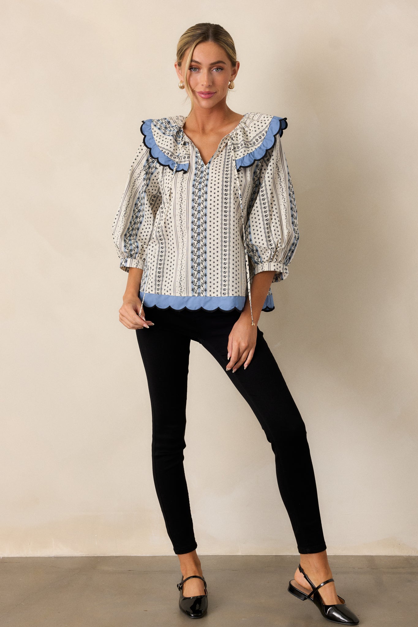 Pay Attention 100% Cotton Ivory Floral Scallop Hem Top