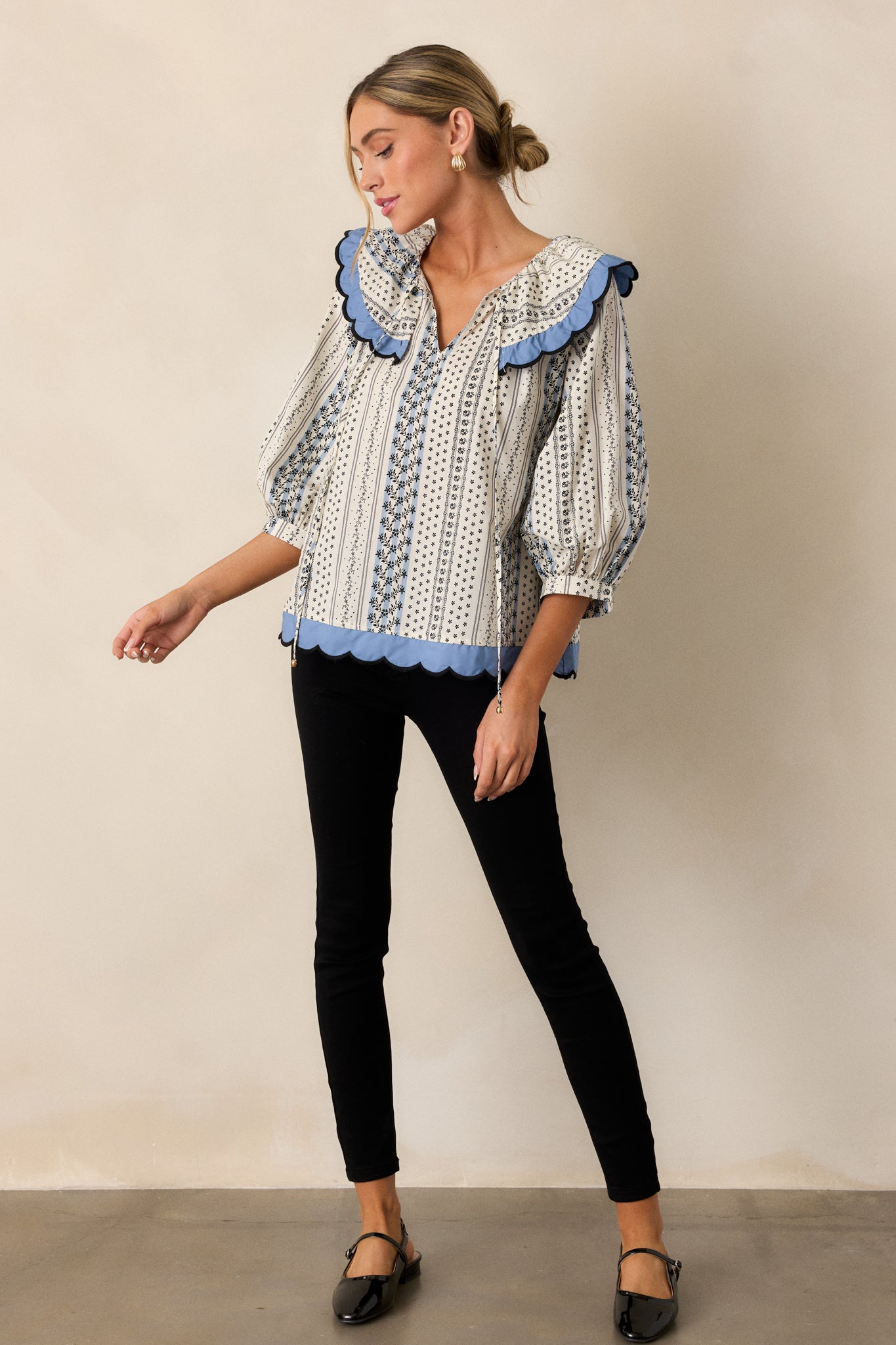 Pay Attention 100% Cotton Ivory Floral Scallop Hem Top