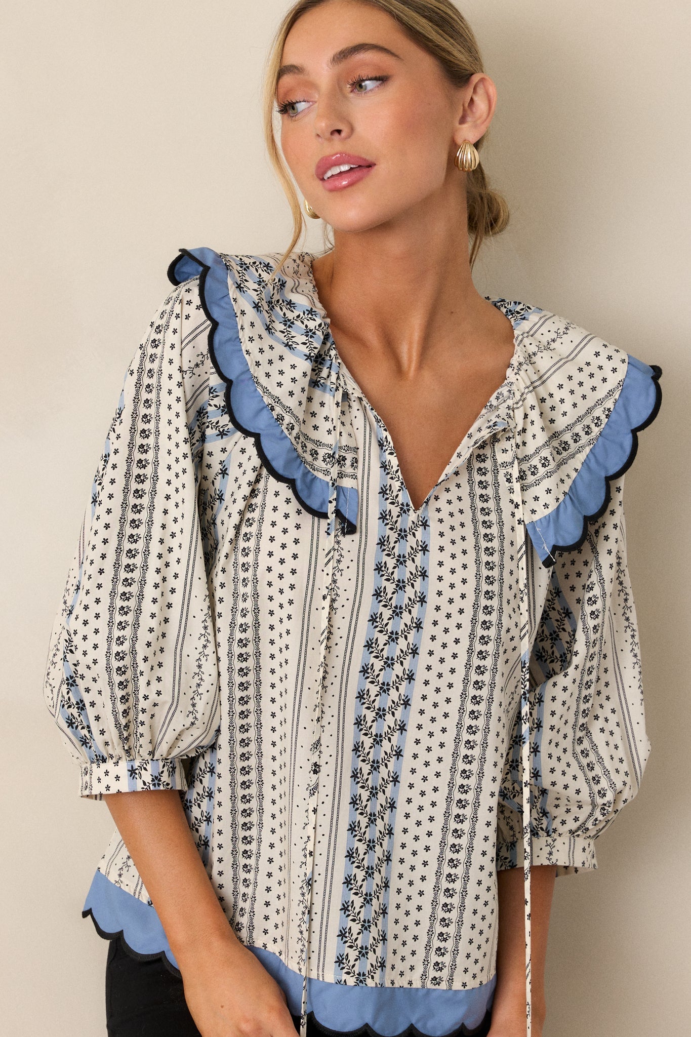 Pay Attention 100% Cotton Ivory Floral Scallop Hem Top