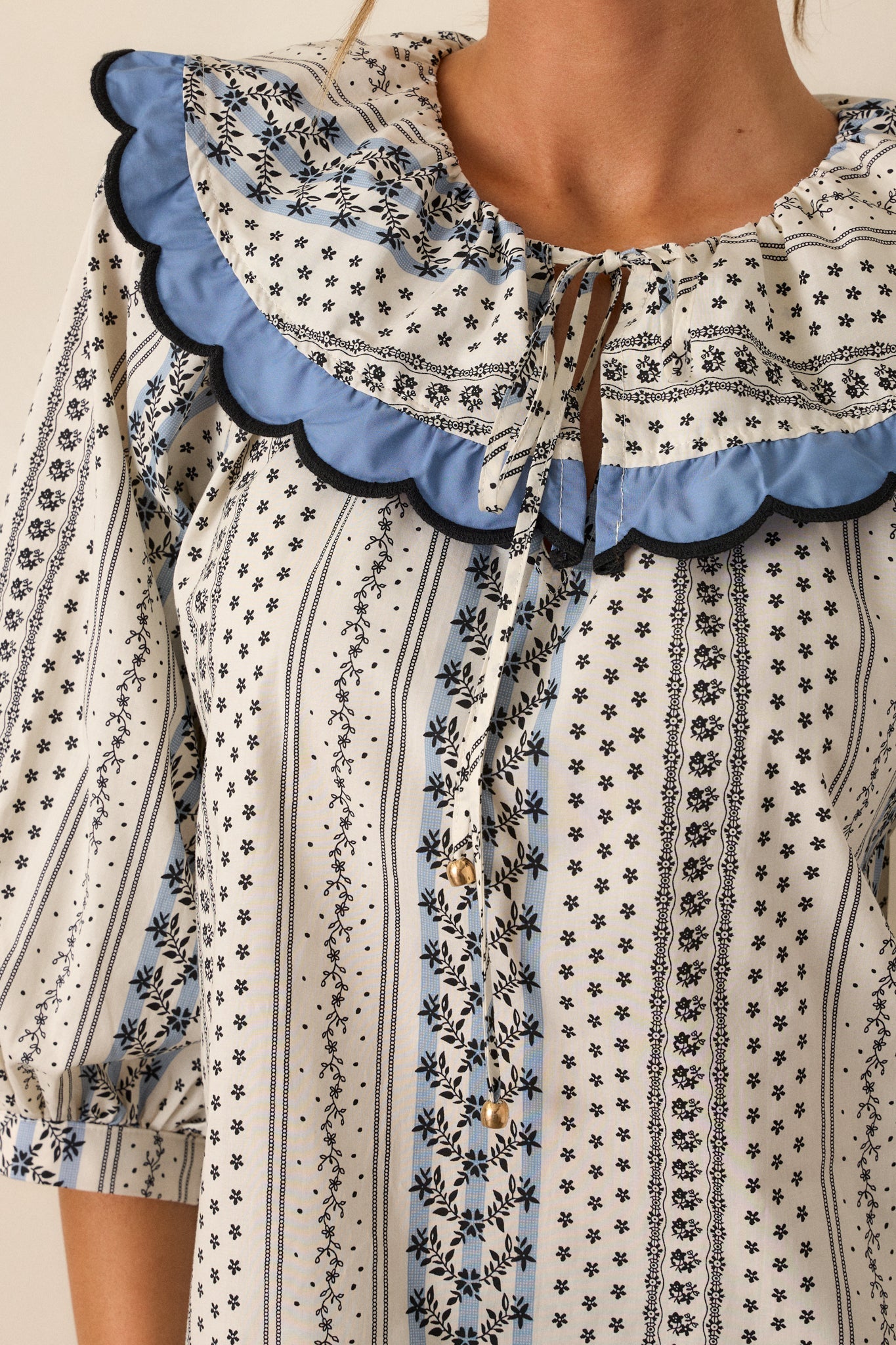 Pay Attention 100% Cotton Ivory Floral Scallop Hem Top