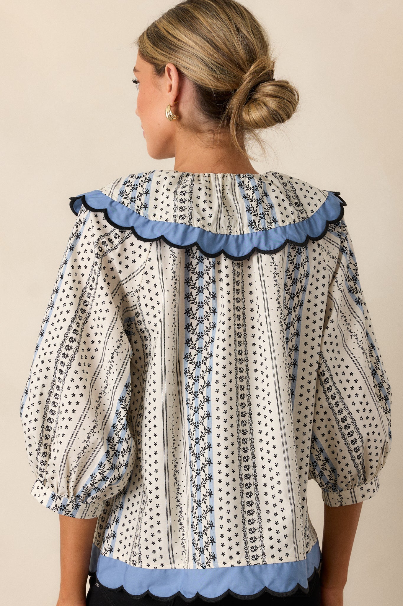 Pay Attention 100% Cotton Ivory Floral Scallop Hem Top