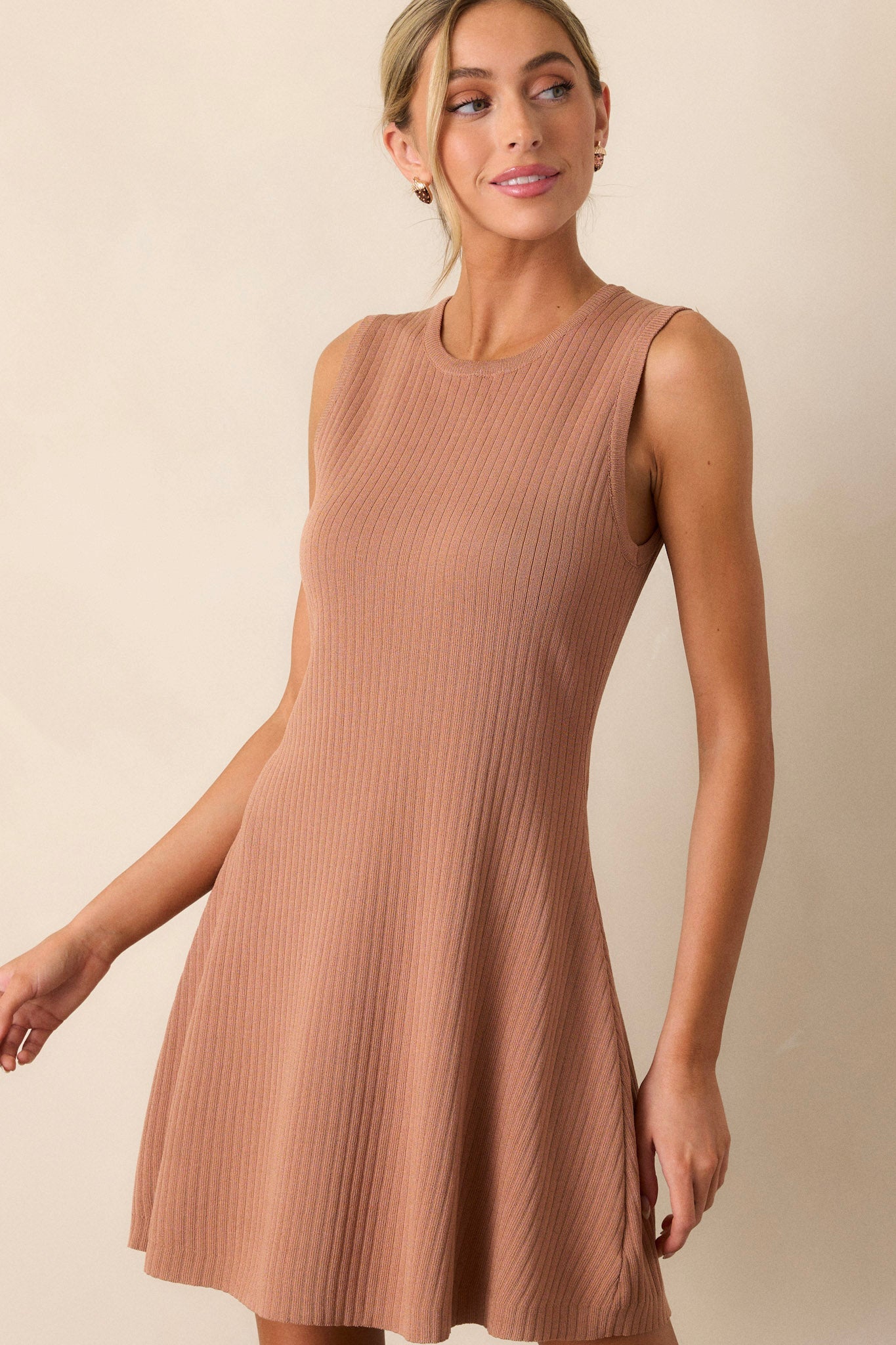 Simple Vibes Camel Brown Ribbed Knit Mini Dress