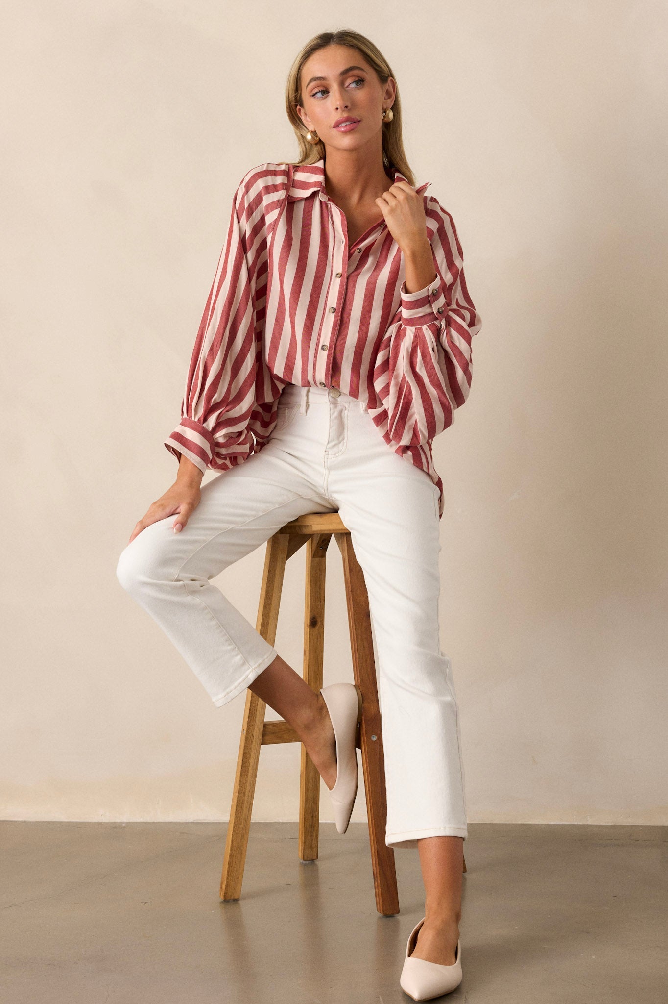 Never Stop Believing Red Stripe Button Front Top