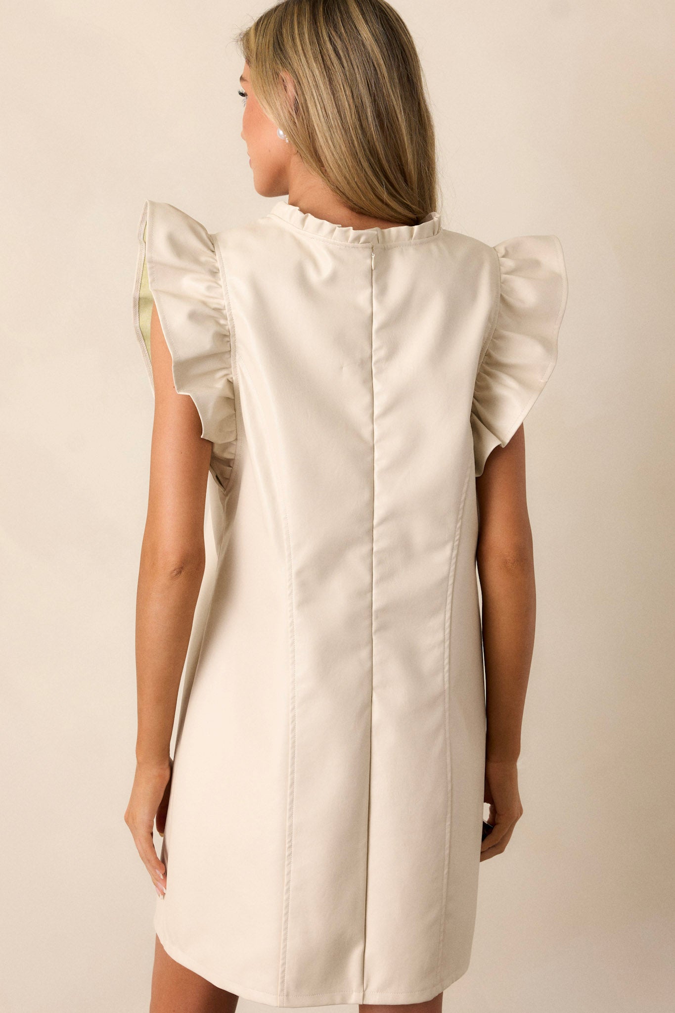Minimalist Muse Beige Ruffle Sleeve Mini Dress
