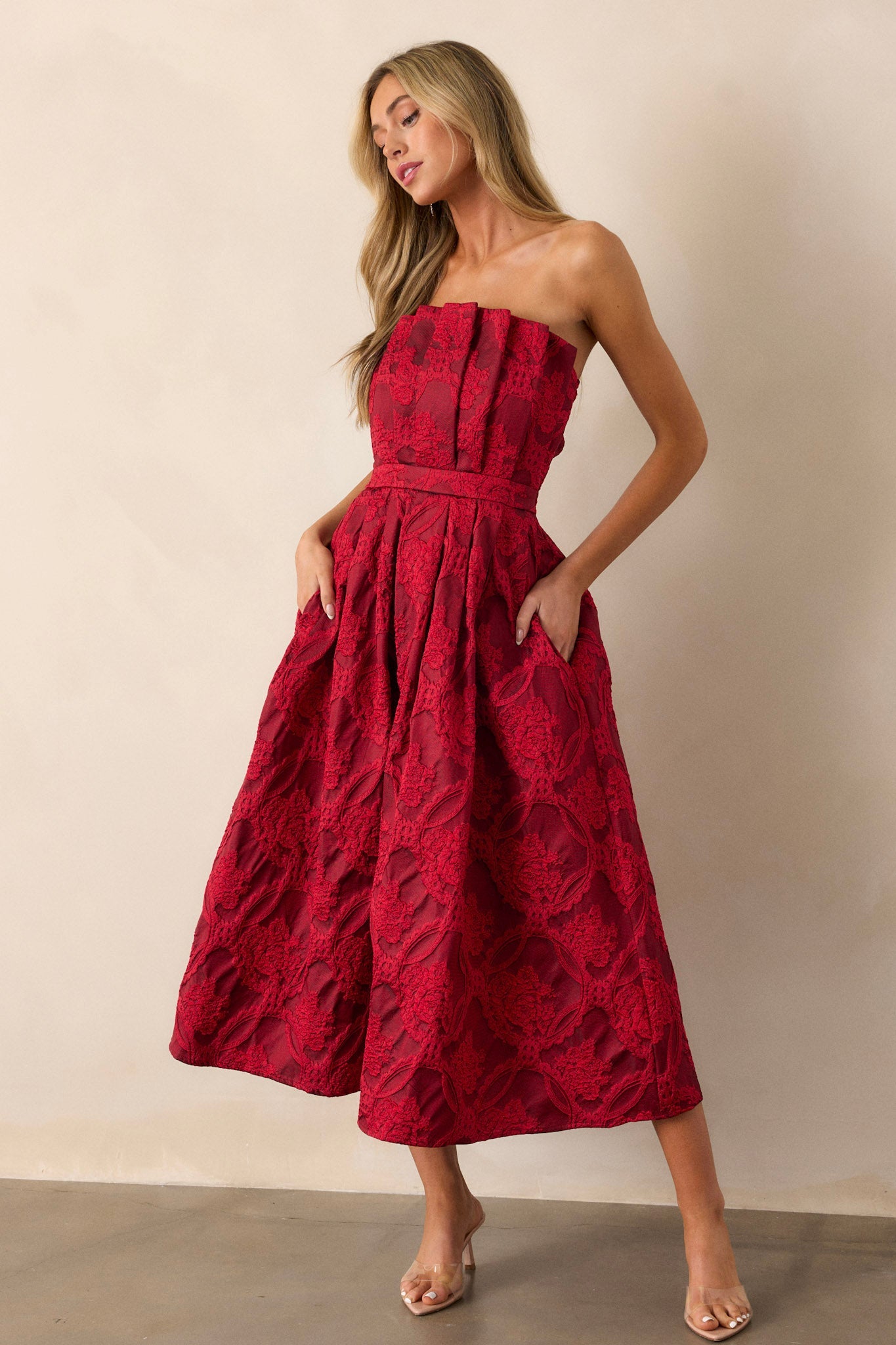 Moonstone Dreams Ruby Red Floral Jacquard Midi Dress