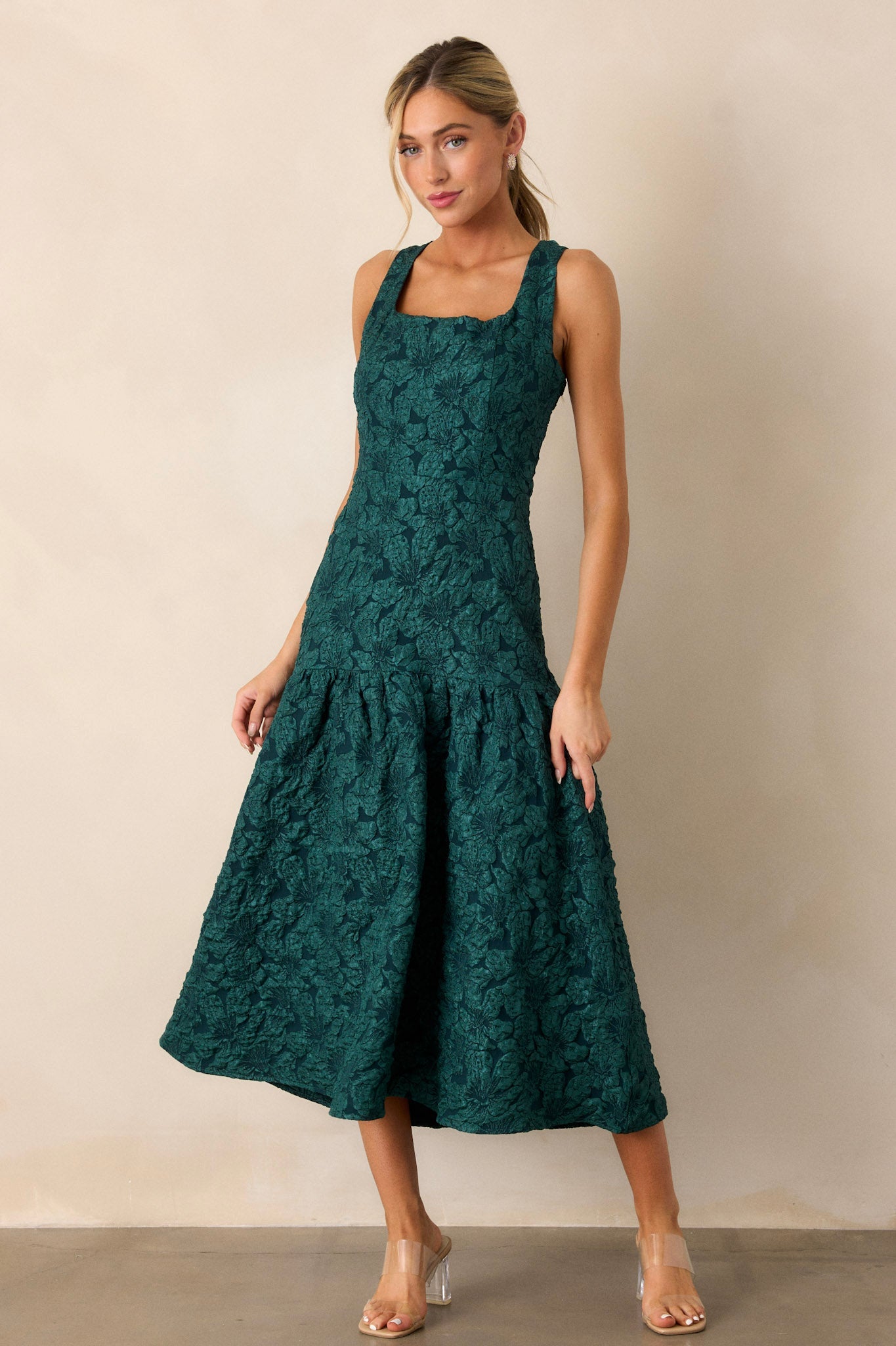 Moments of Clarity Jacquard Green Drop Waist Midi Dress