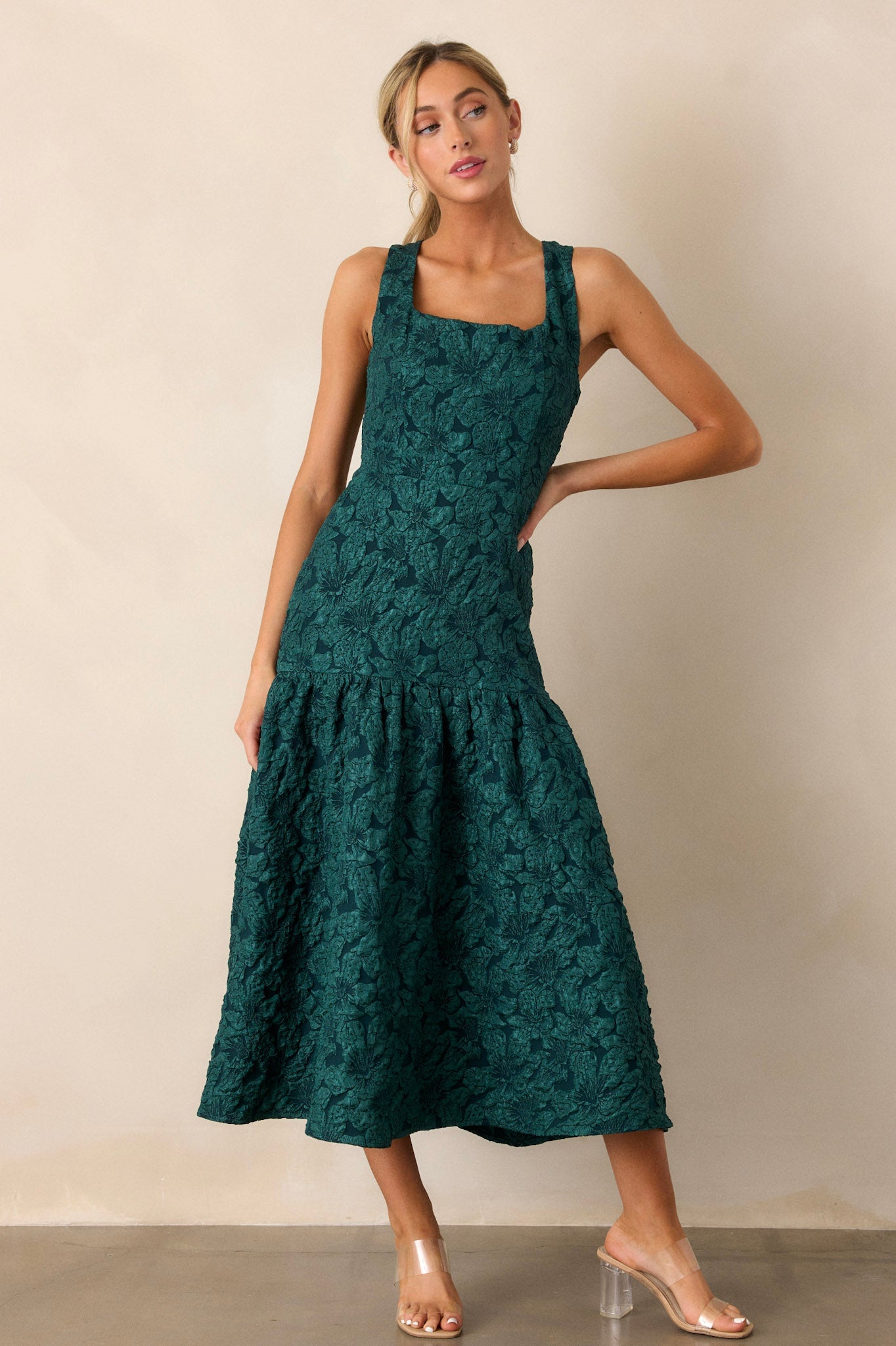 Moments of Clarity Jacquard Green Drop Waist Midi Dress