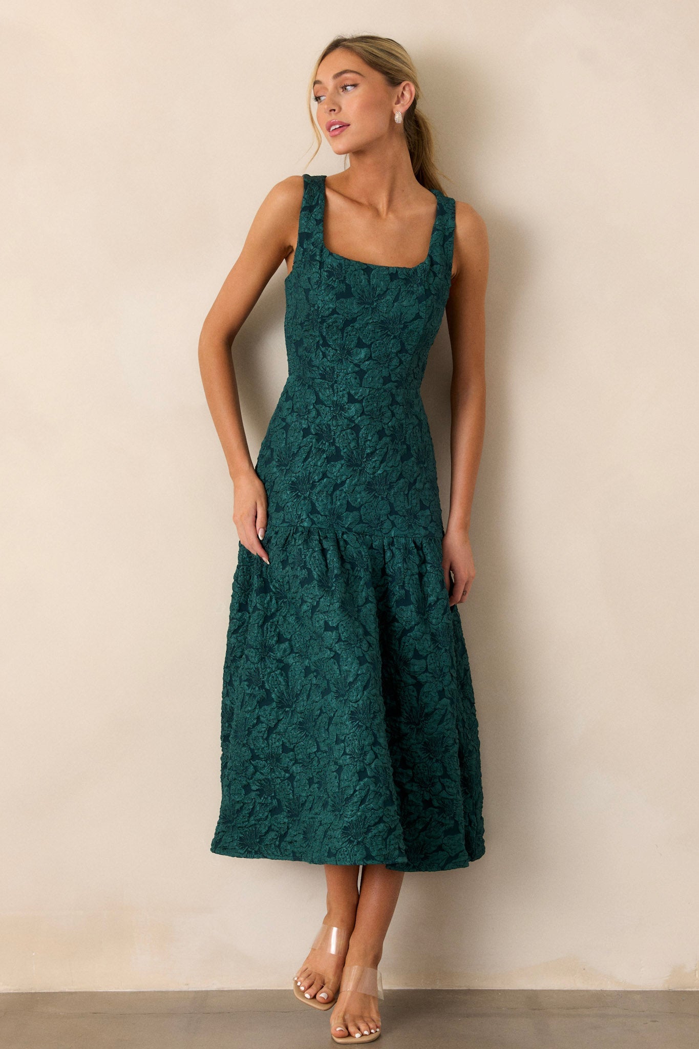 Moments of Clarity Jacquard Green Drop Waist Midi Dress