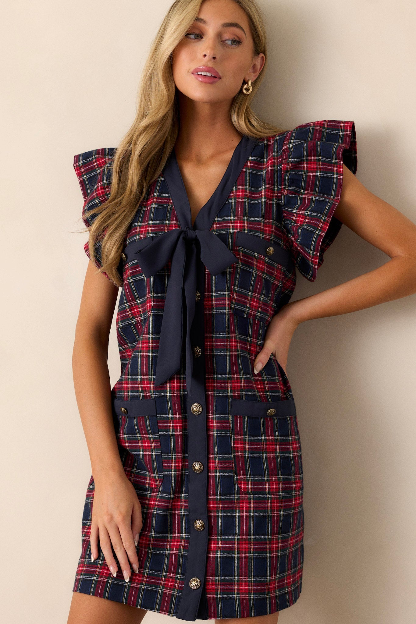 Now I Know 100% Cotton Navy Plaid Mini Dress