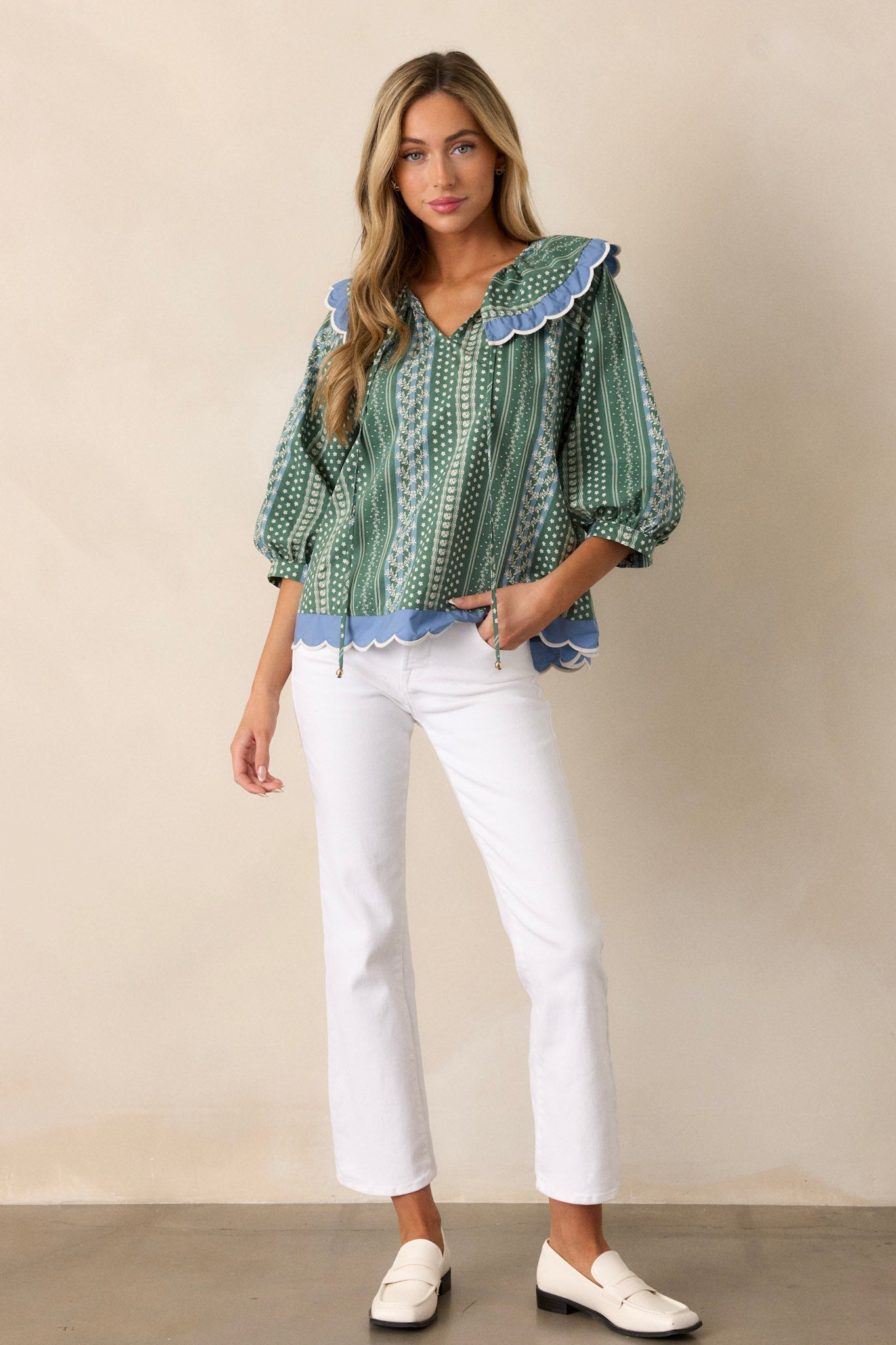 Pay Attention 100% Cotton Green Floral Scallop Hem Top