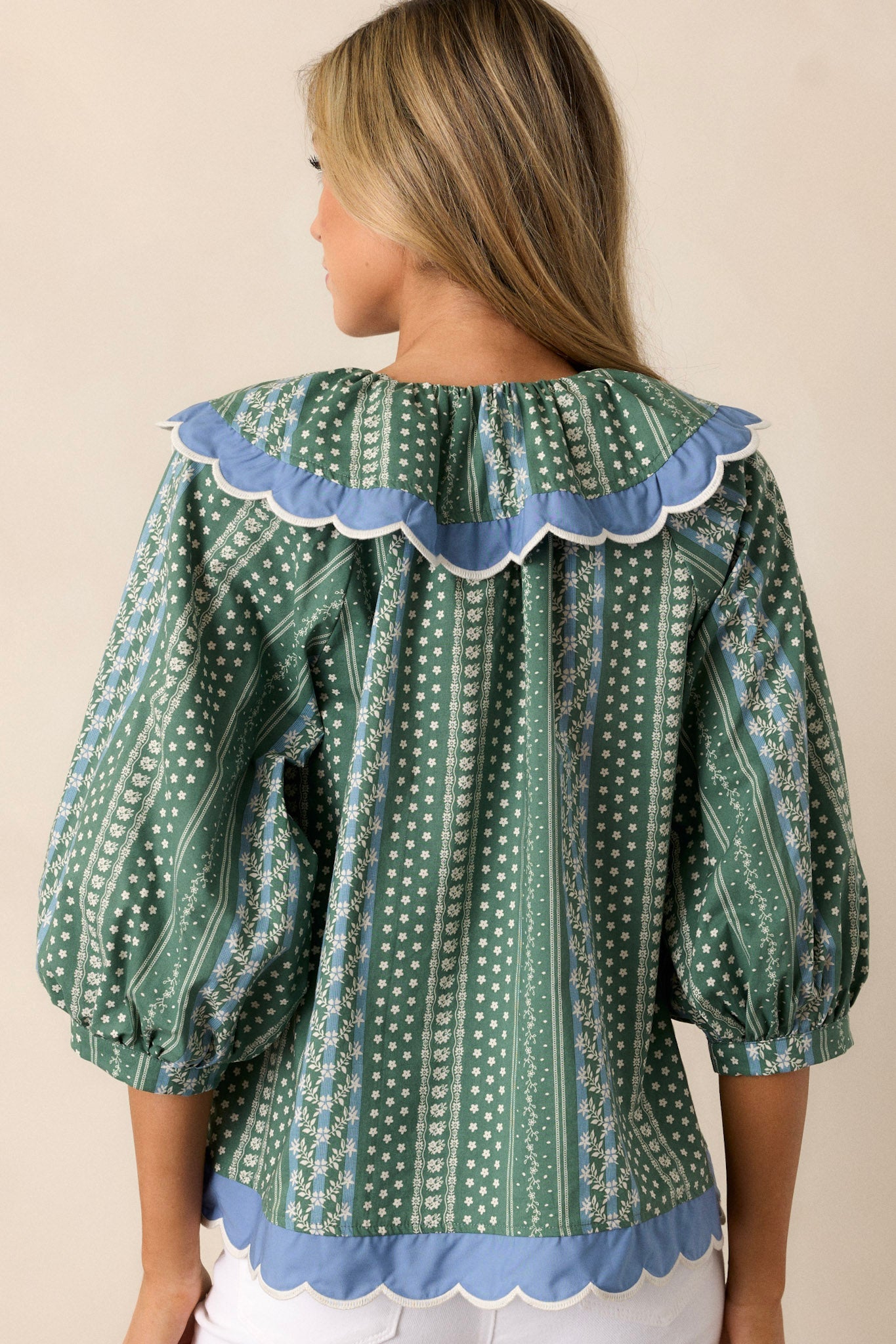 Pay Attention 100% Cotton Green Floral Scallop Hem Top