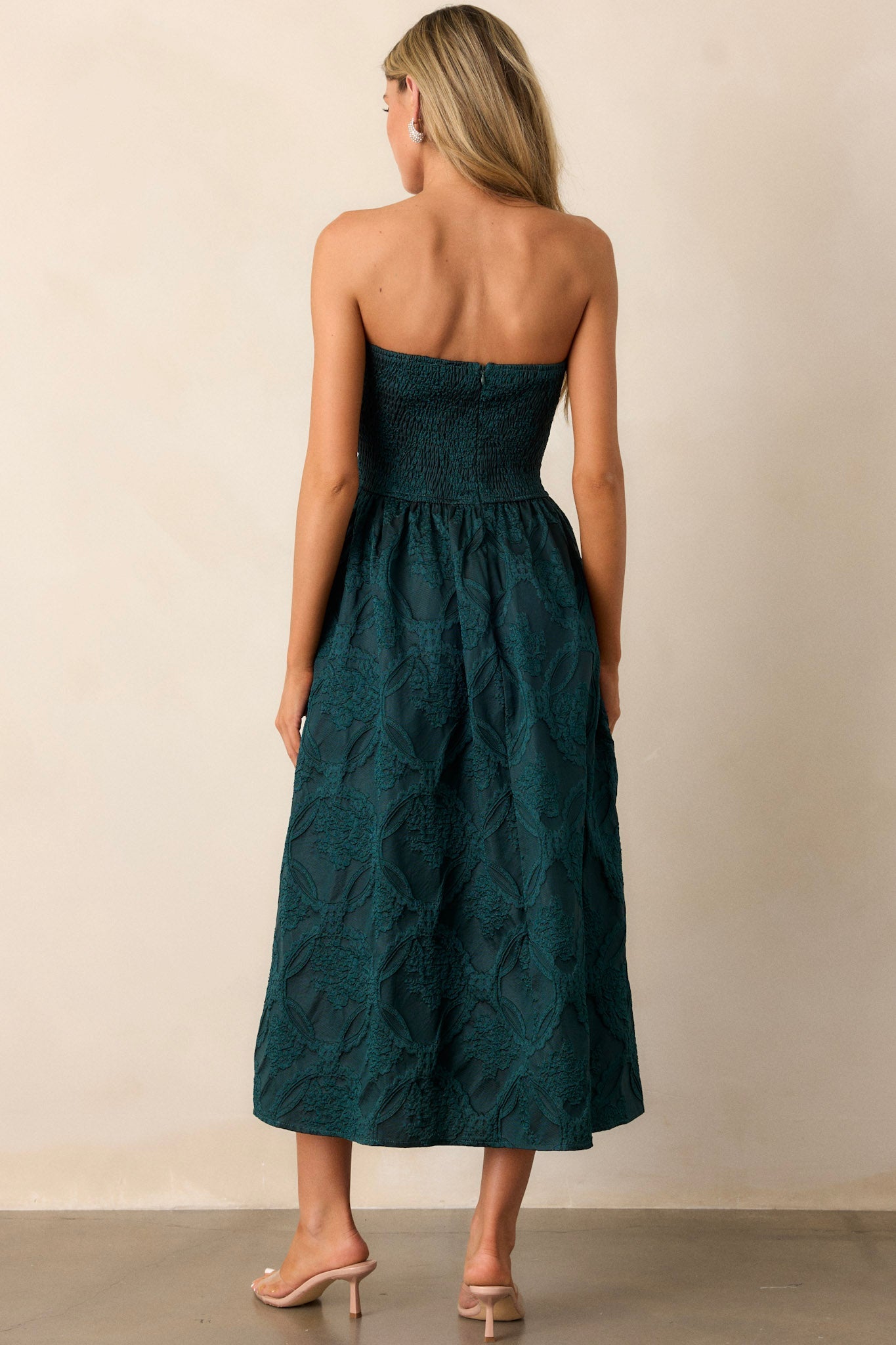 Moonstone Dreams Hunter Green Floral Jacquard Midi Dress
