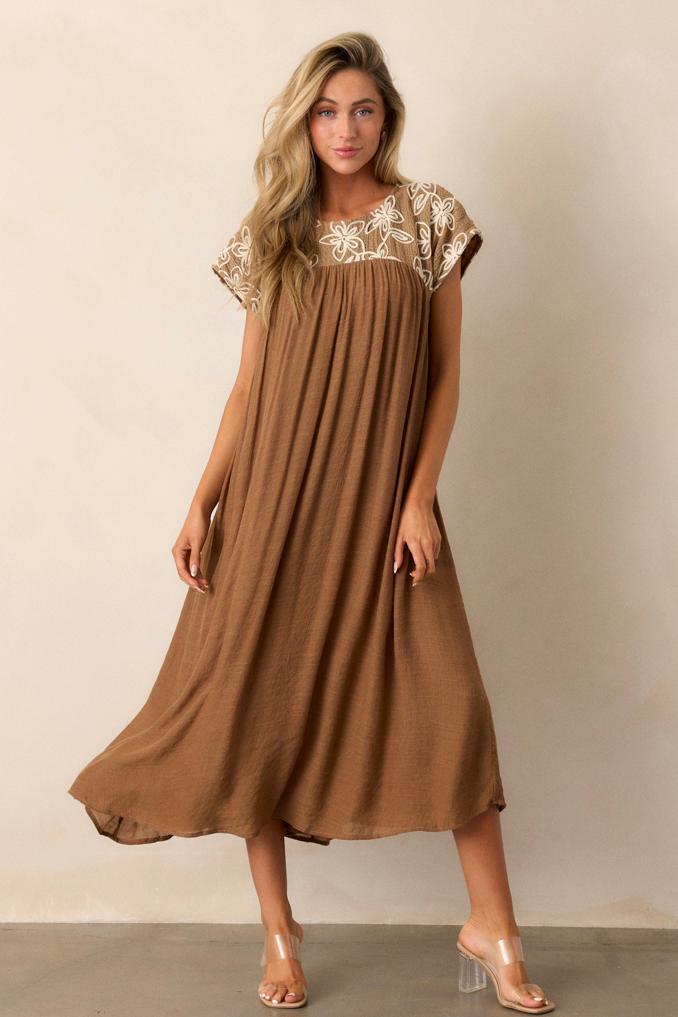 Muted Garden Tan Floral Midi Dress