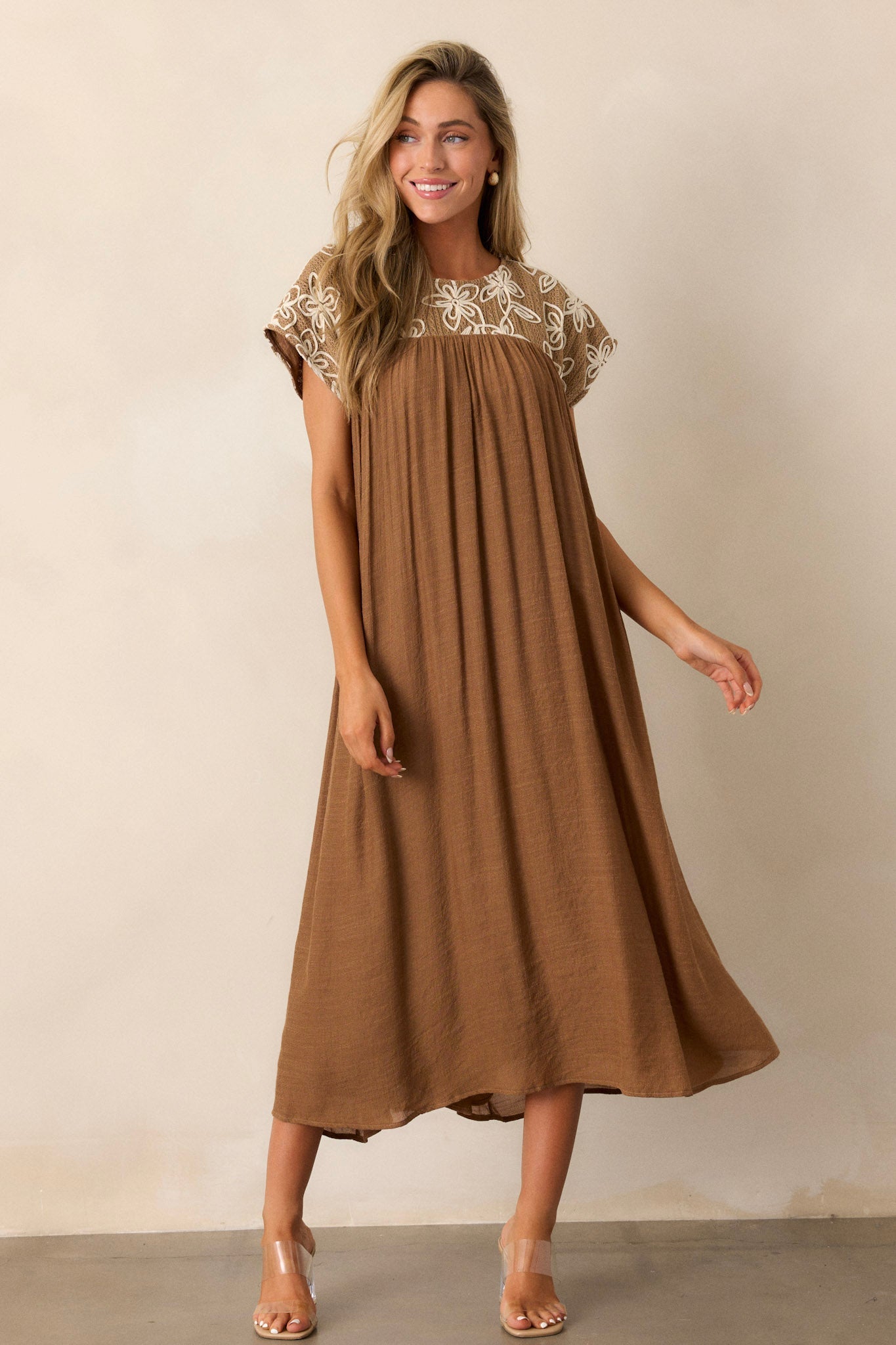 Muted Garden Tan Floral Midi Dress