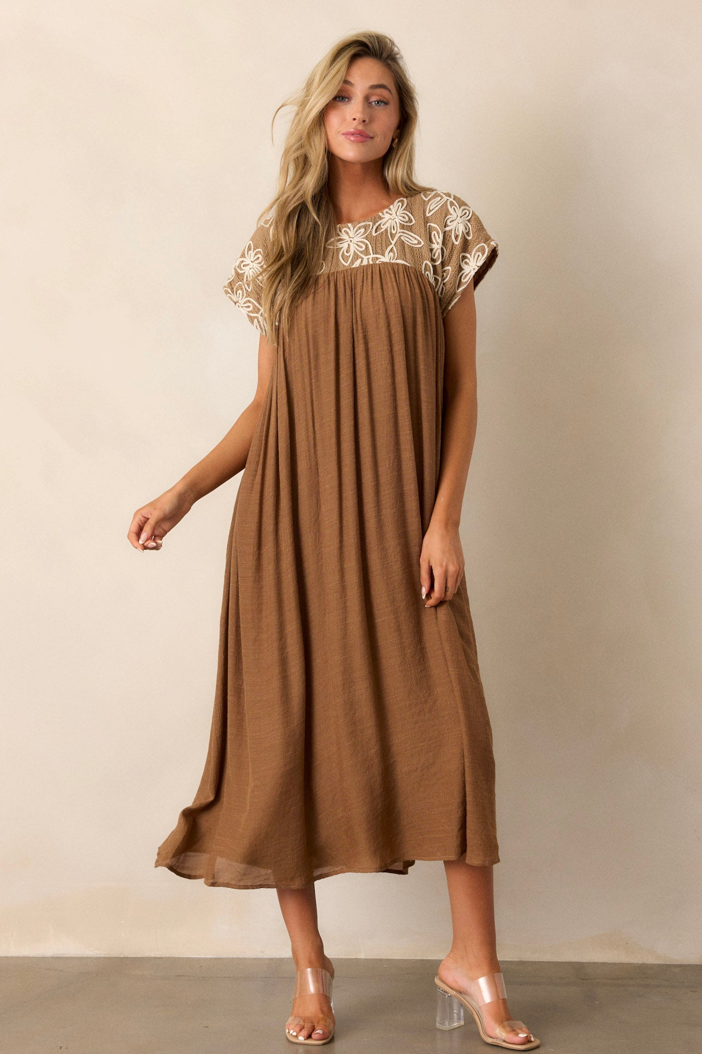 Muted Garden Tan Floral Midi Dress