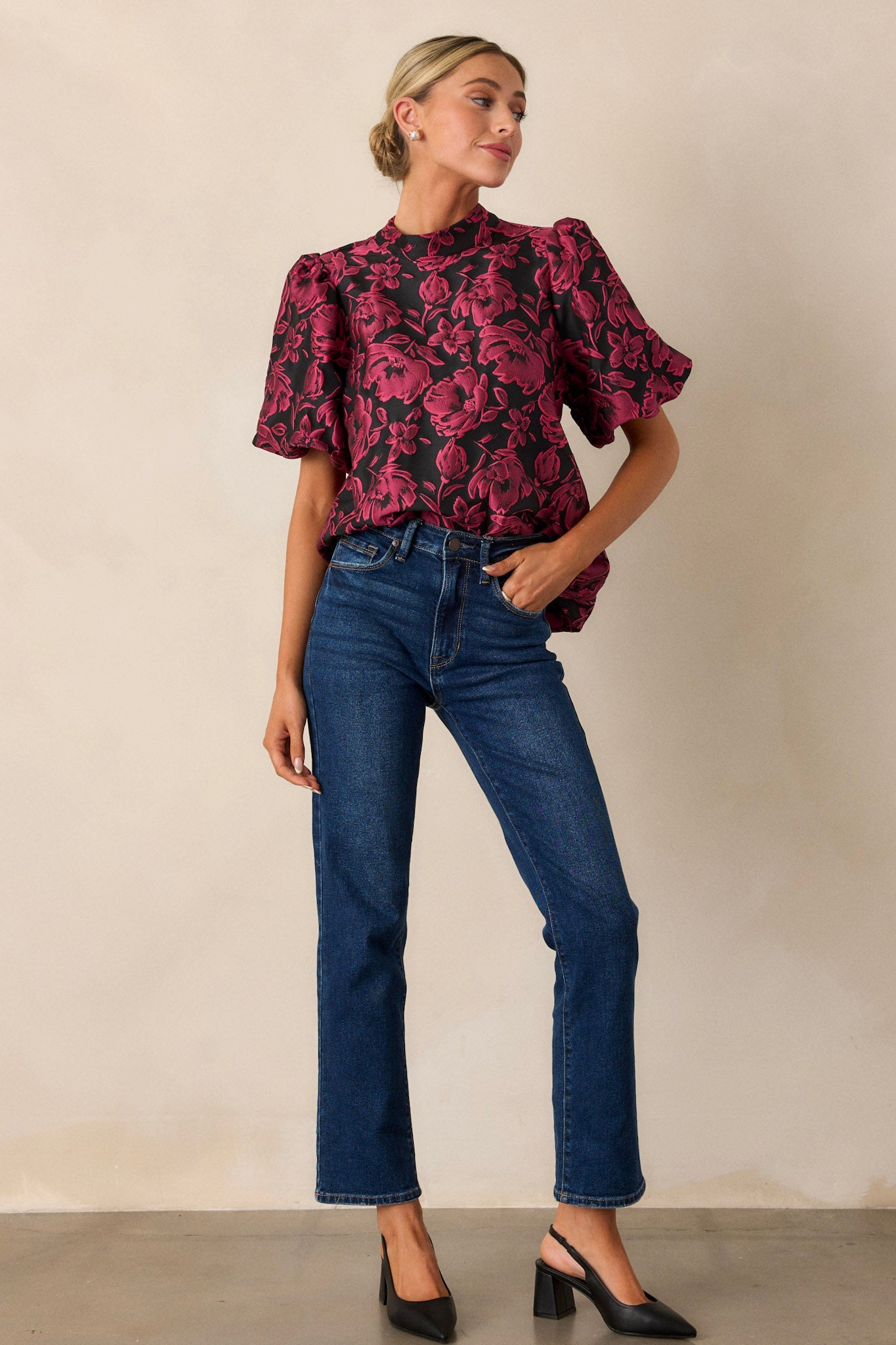 Never Wrong Dark Fuchsia Floral Jacquard Top