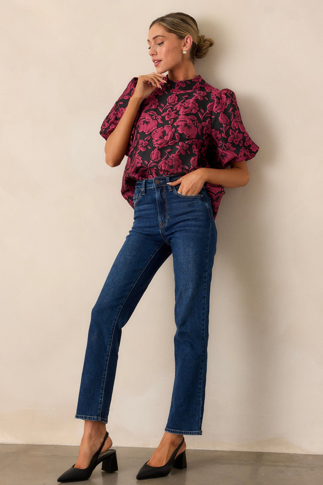 Never Wrong Dark Fuchsia Floral Jacquard Top