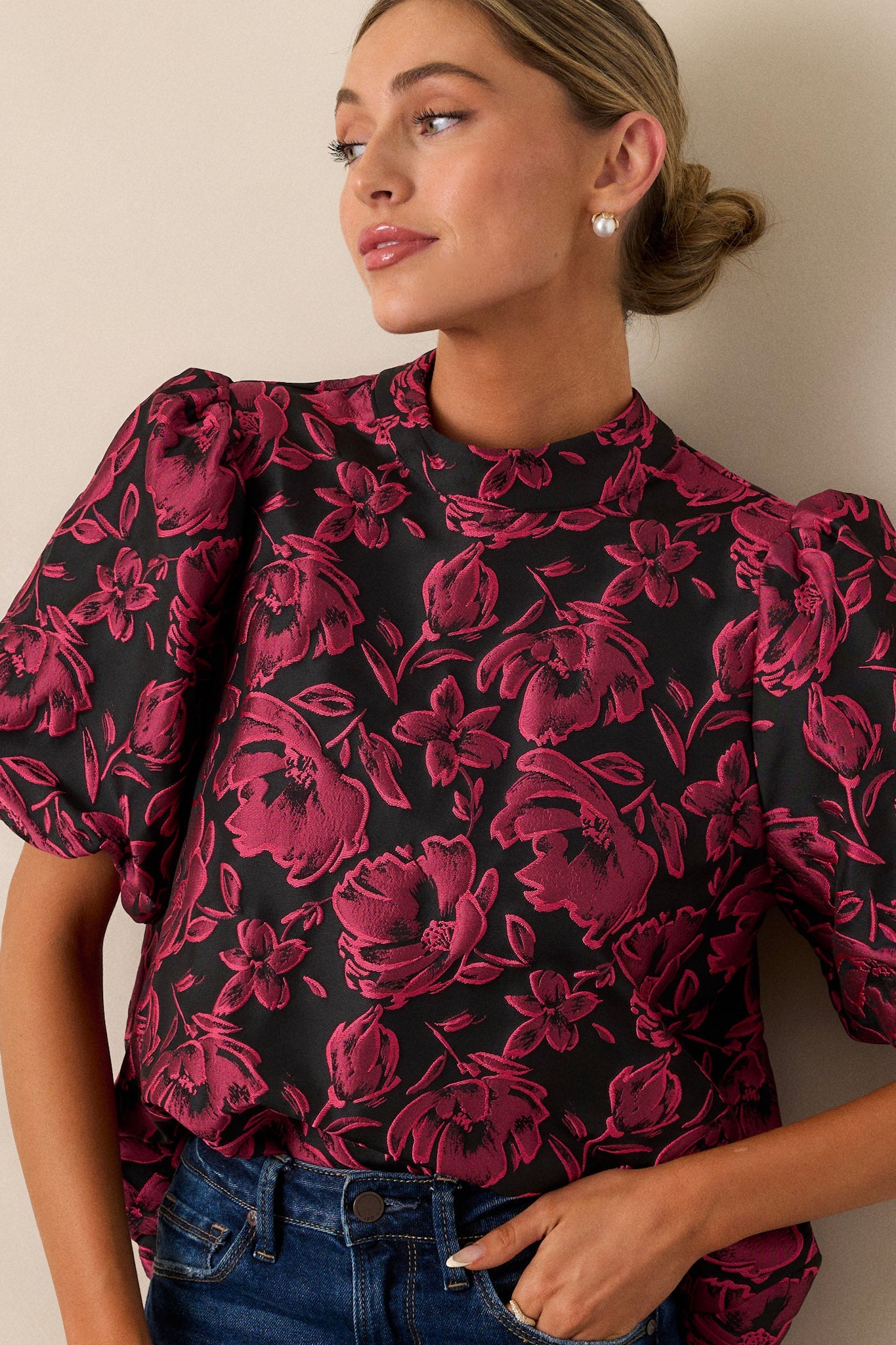 Never Wrong Dark Fuchsia Floral Jacquard Top