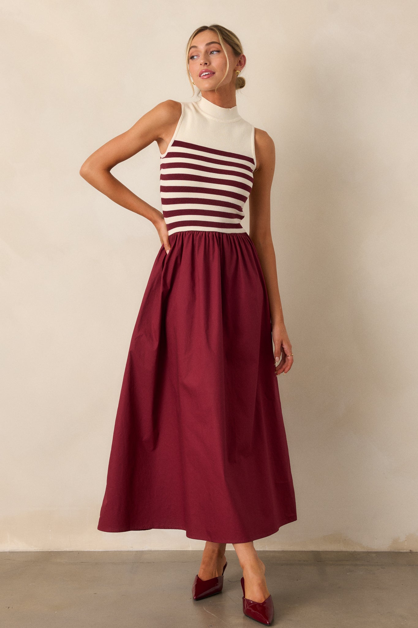 Timeless Treasures Burgundy Sleeveless Striped Maxi Dress