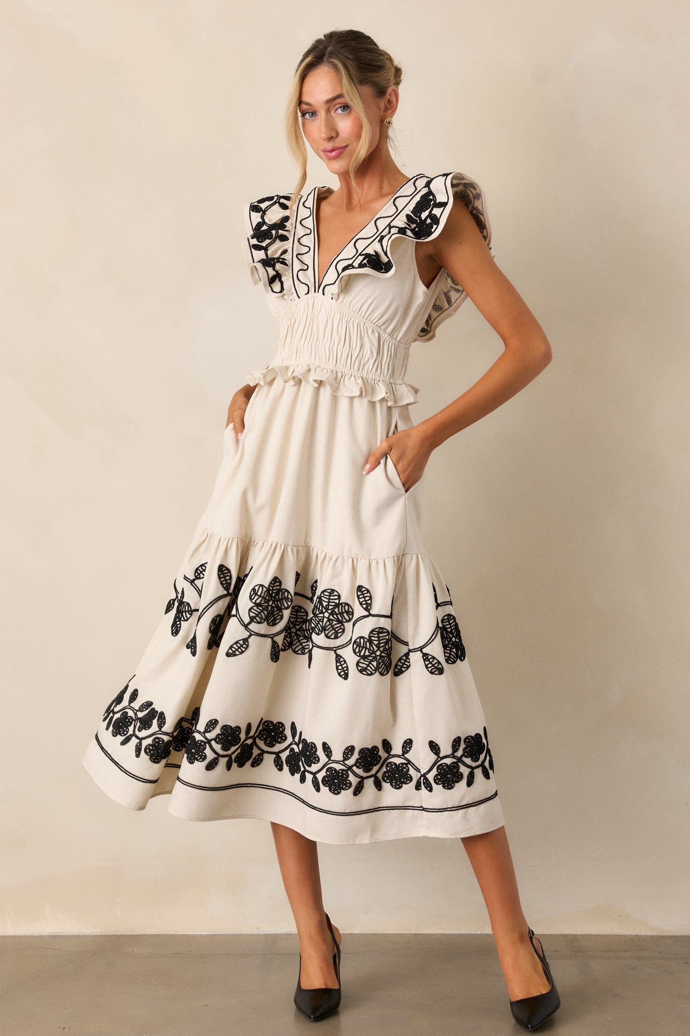 Whispering Pines Beige Flutter Sleeve Midi Dress